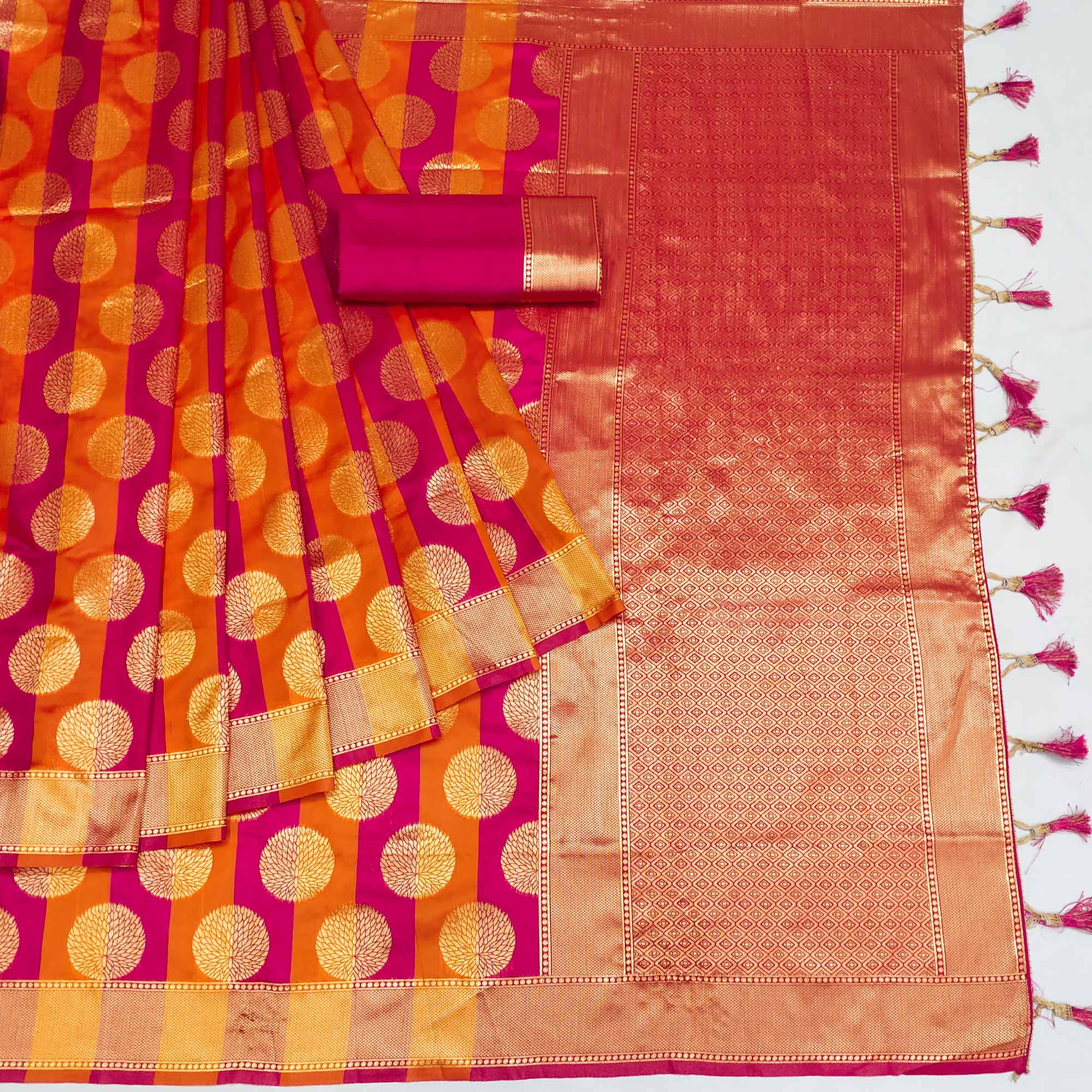 Rani Pink And Orange Woven Jacquard Saree With Tassels