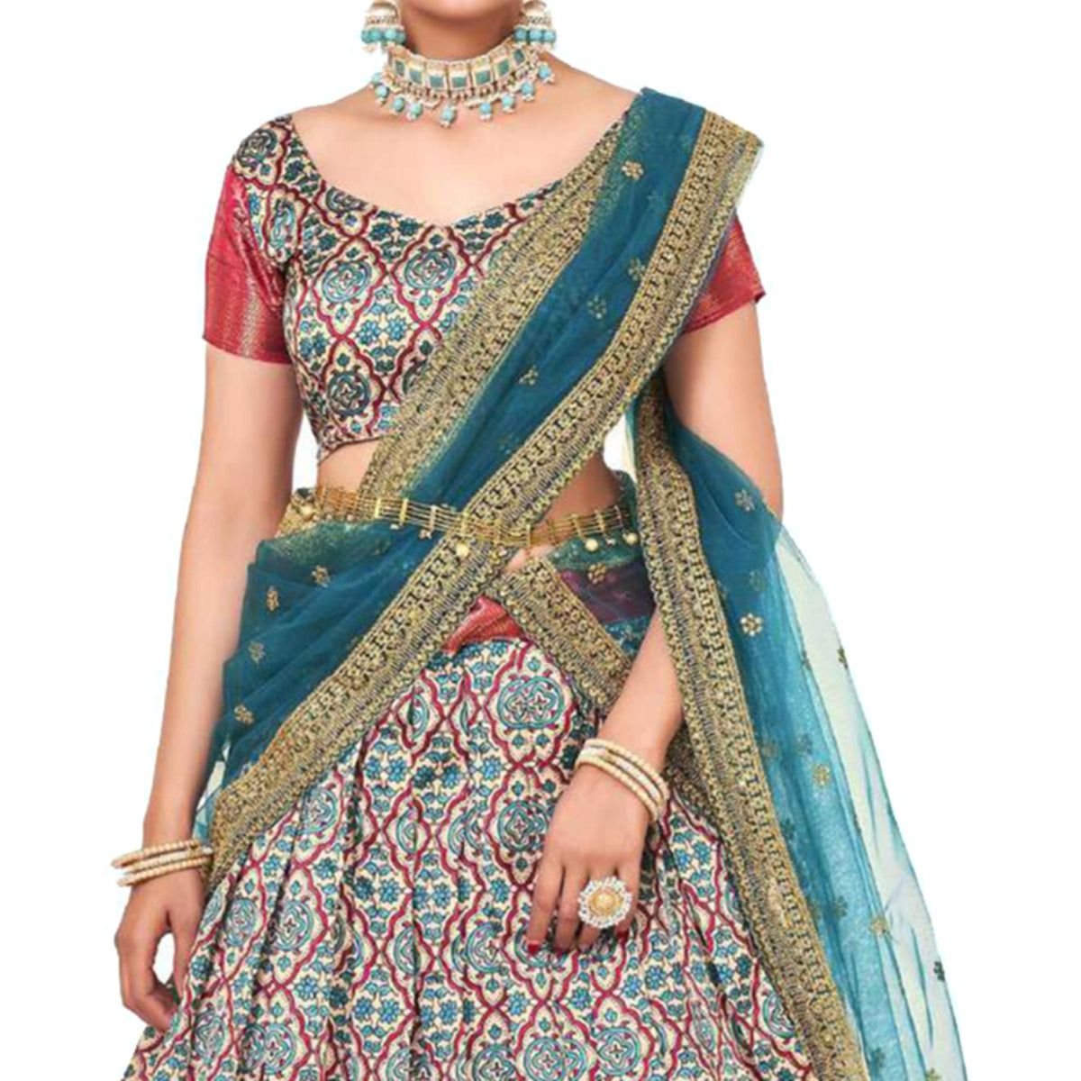 Sky Blue Digital Printed With Zari Work Art Silk Lehenga Choli