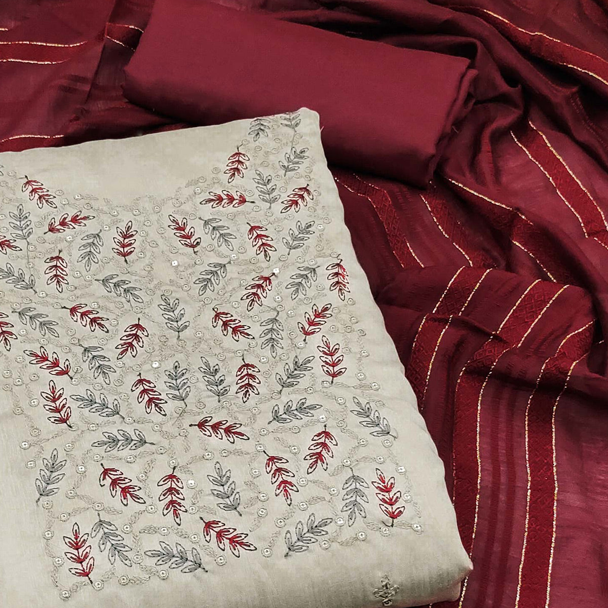 Cream Floral Embroidered Cotton Silk Dress Material