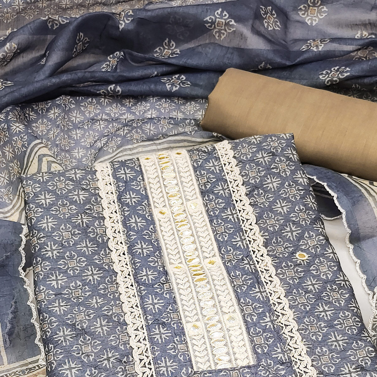 Blue Digital Printed With Embroidered Chanderi Dress Material