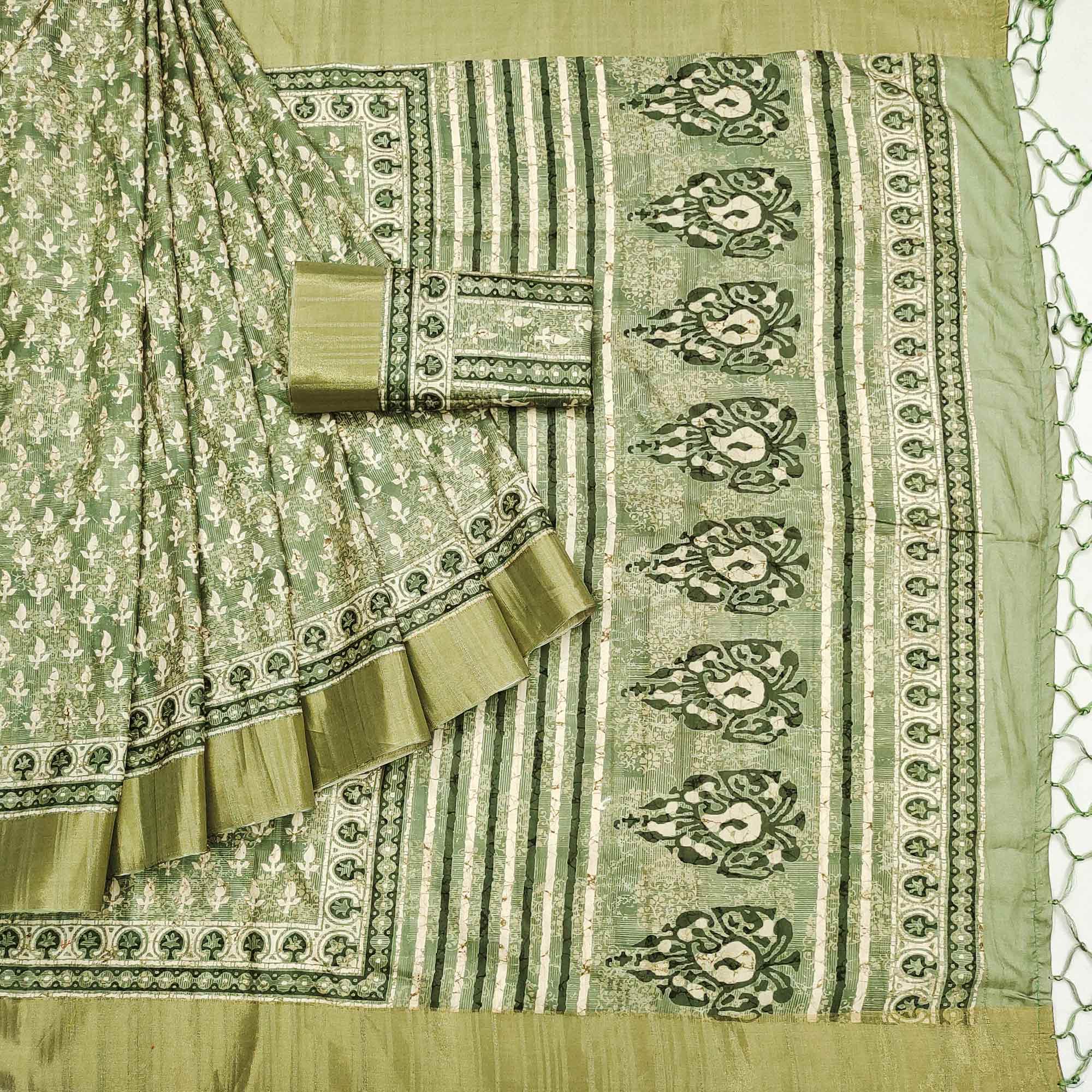 Green Floral Digital Printed Matka Tussar Silk Saree With Tassels