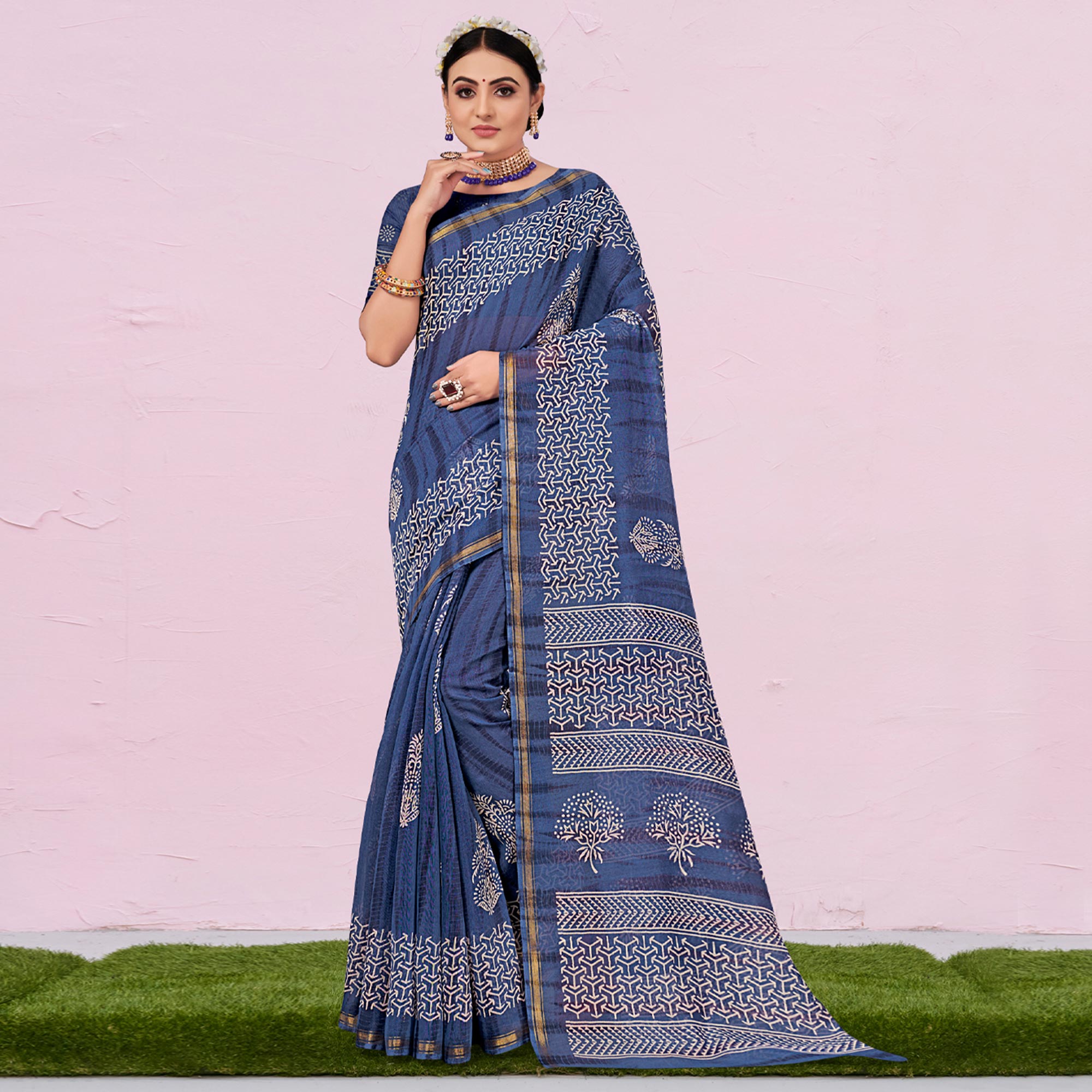 Blue Printed Cotton Saree