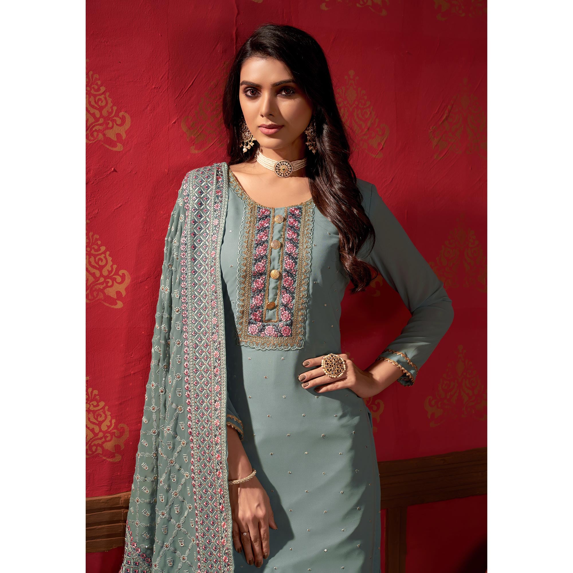 Grey Embroidered Georgette Sharara Suit