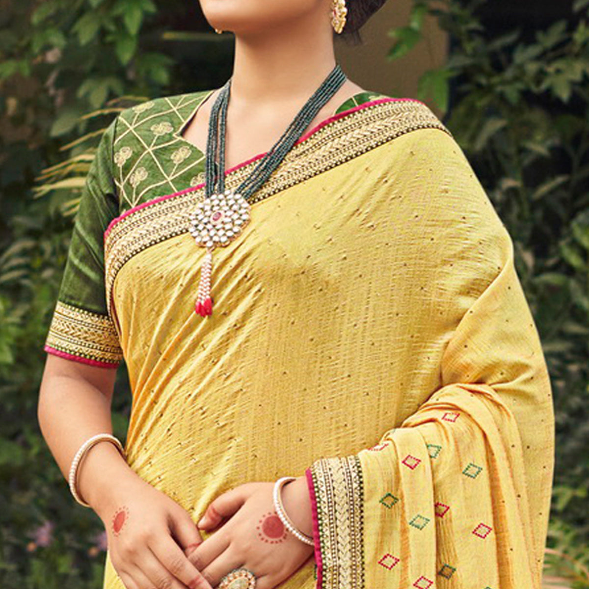 Yellow Embroidered With Stone Work Vichitra Silk Saree