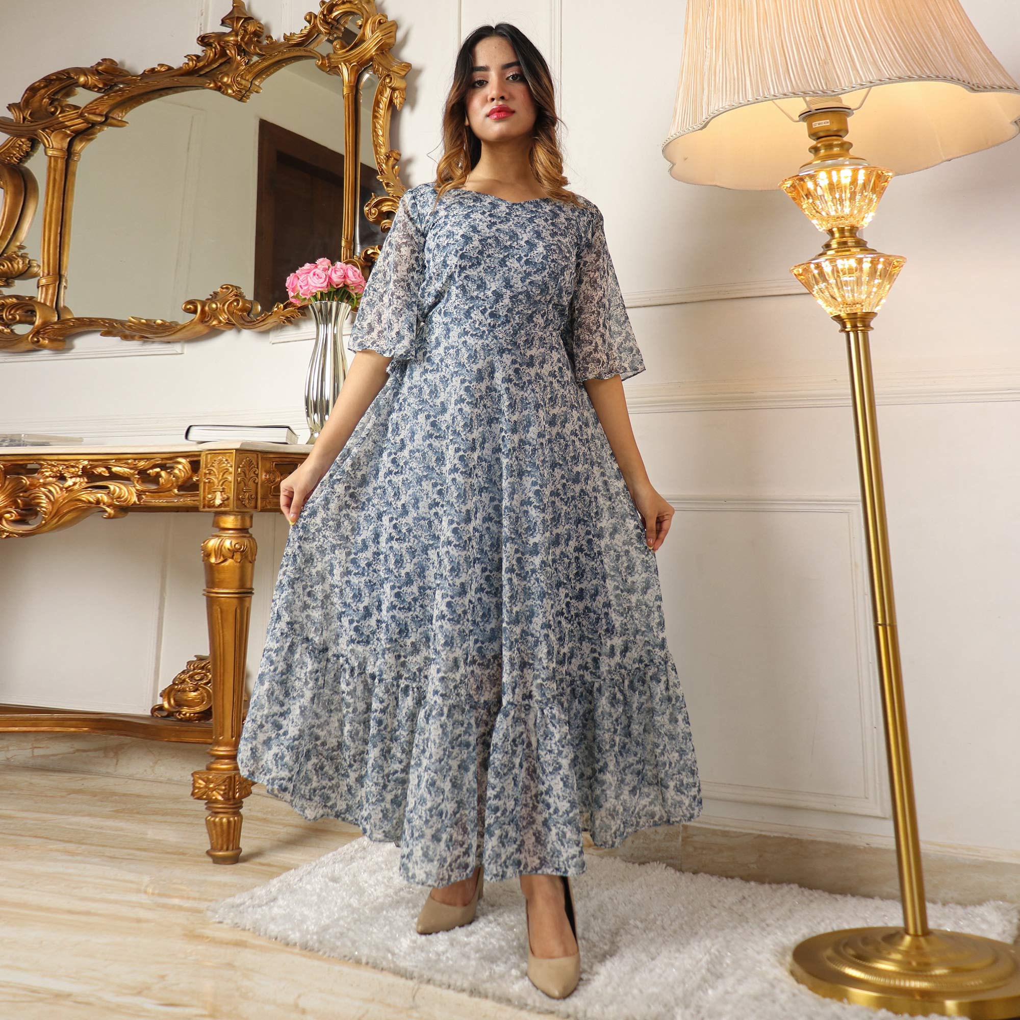 Grey Printed Georgette Dress