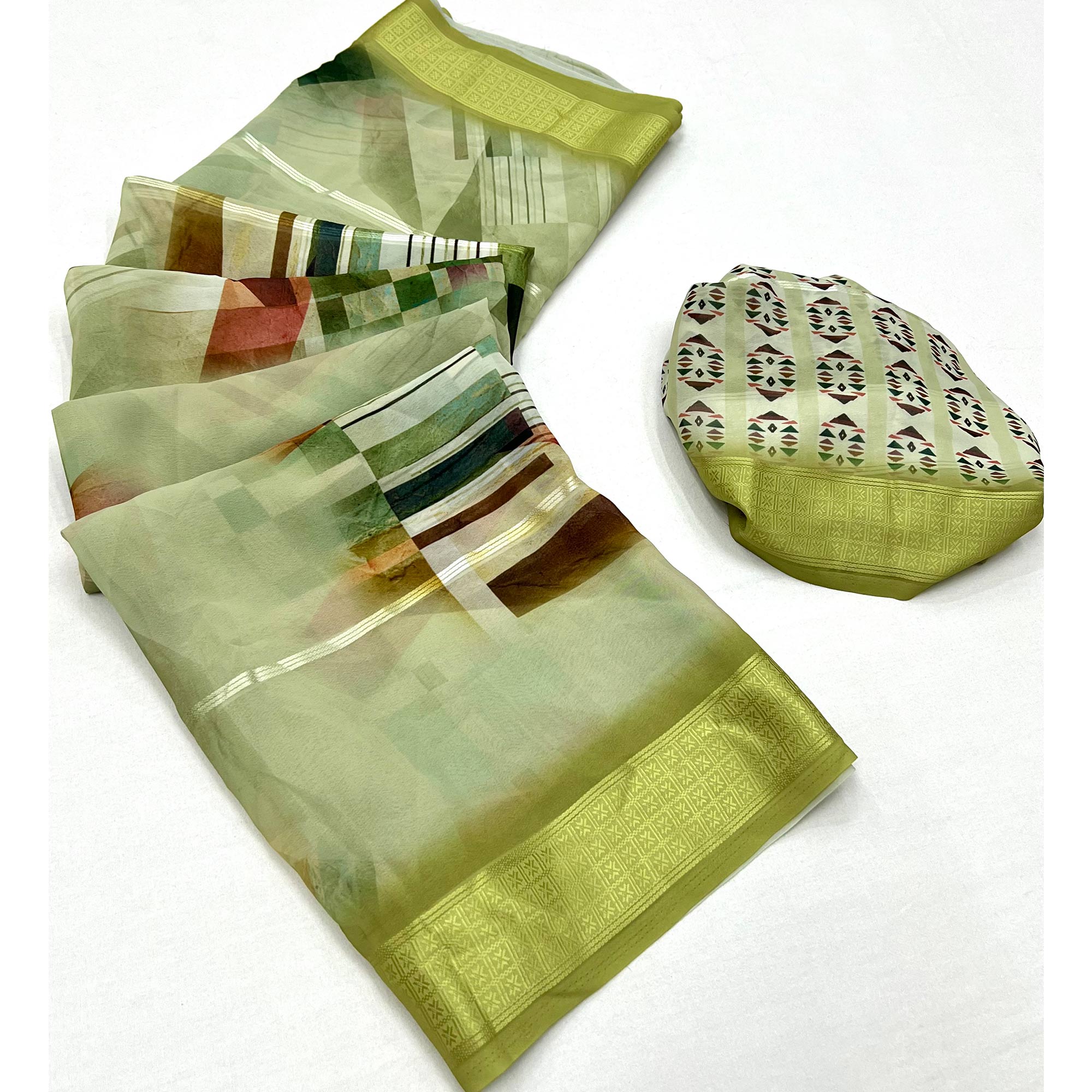 Green Digital Printed Viscose Saree