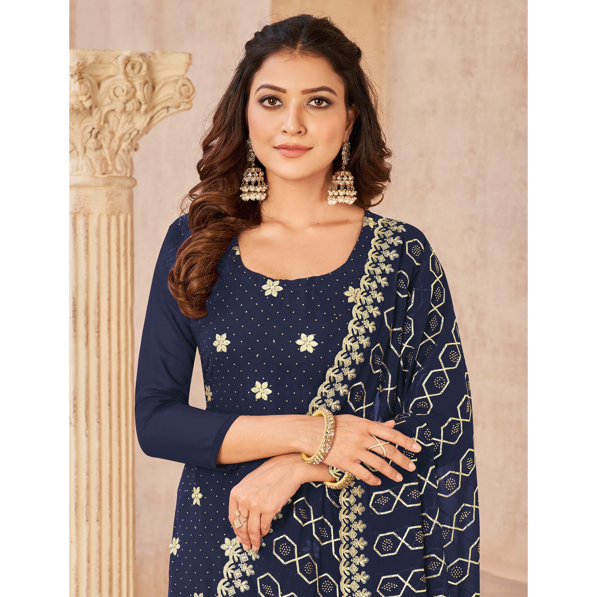 Navy Blue Embroidered Georgette Suit