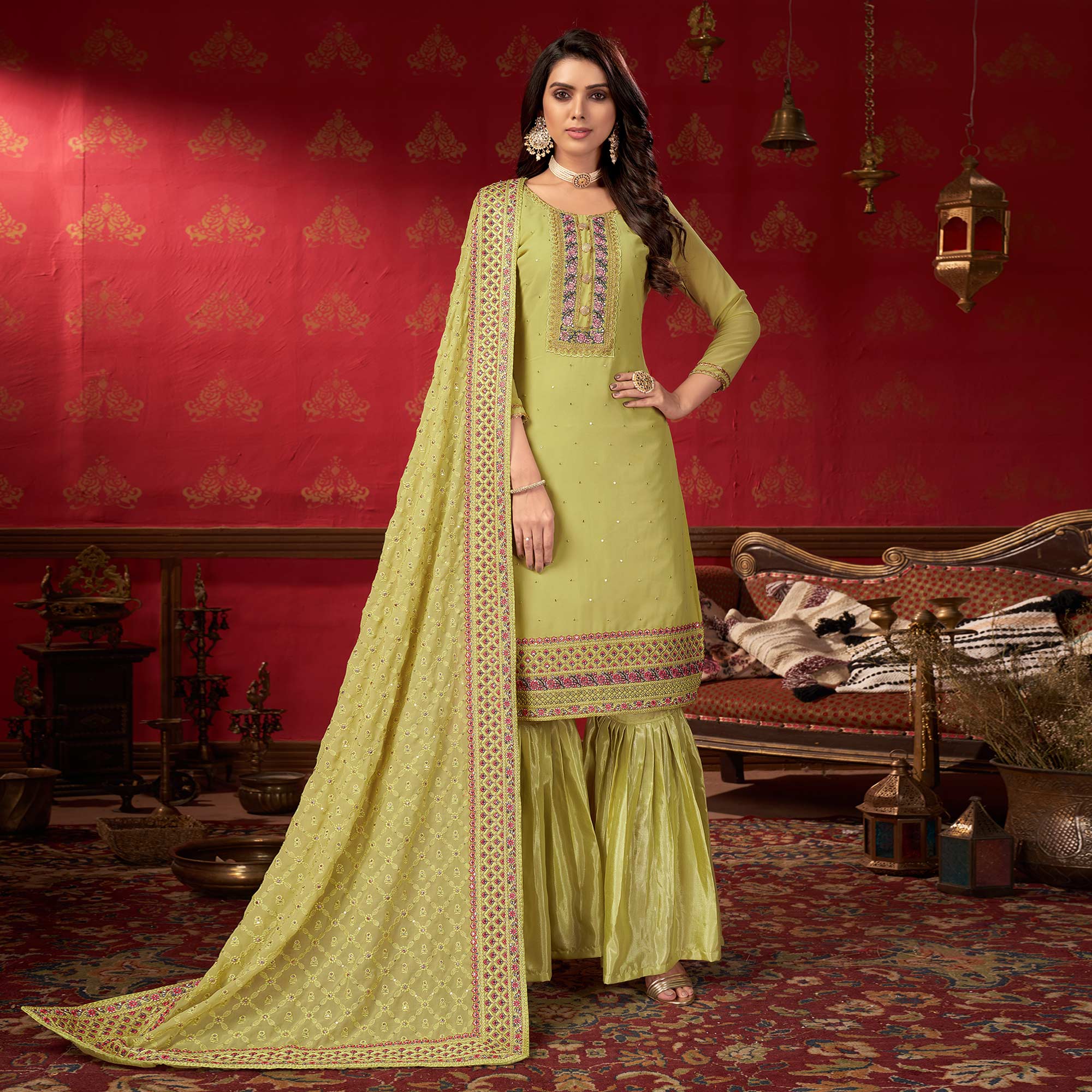 Pista Green Embroidered Georgette Sharara Suit