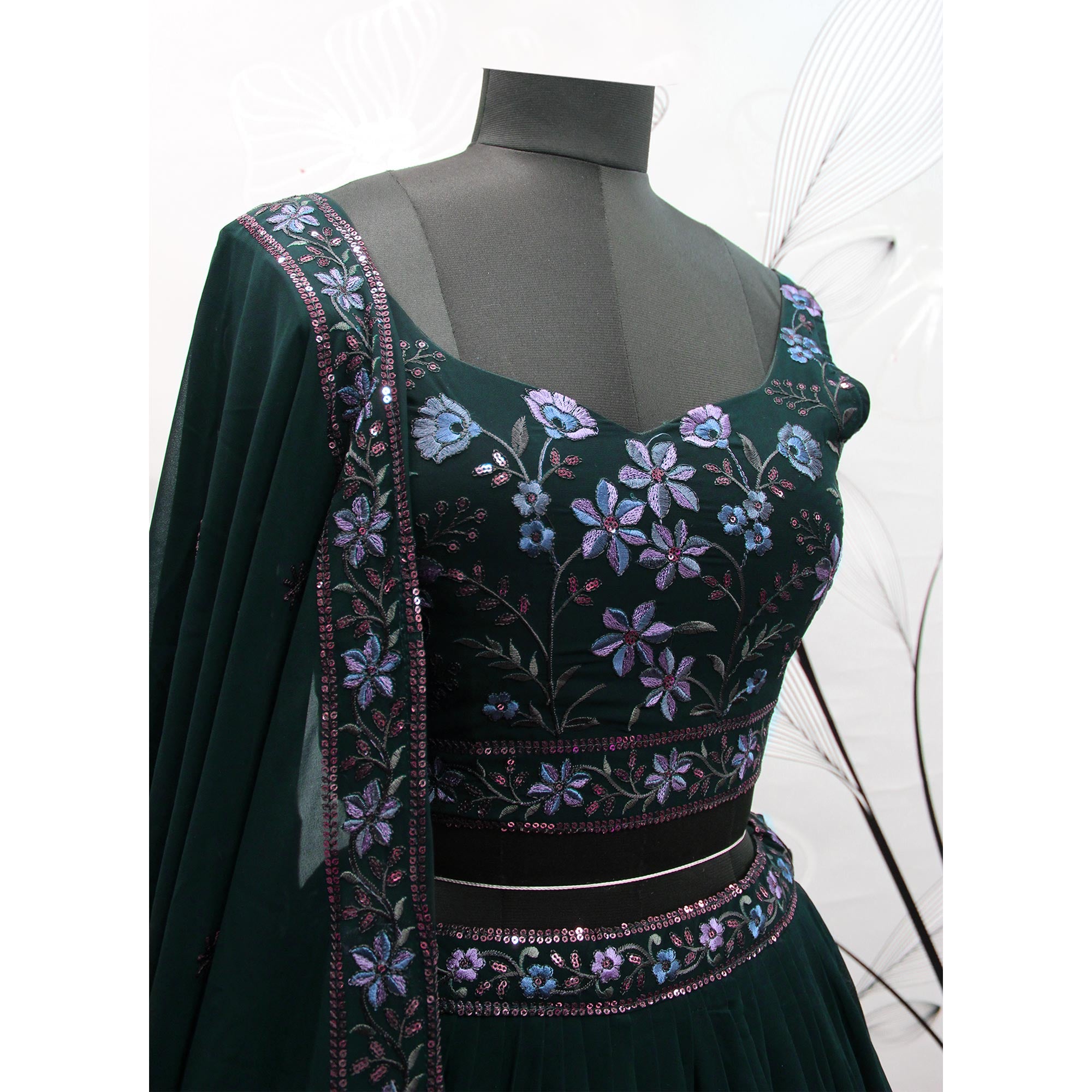 Green Sequins Embroidered Georgette Lehenga Choli