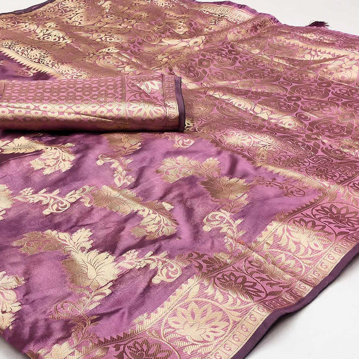 Purple Floral Woven Art Silk Saree With Tassels
