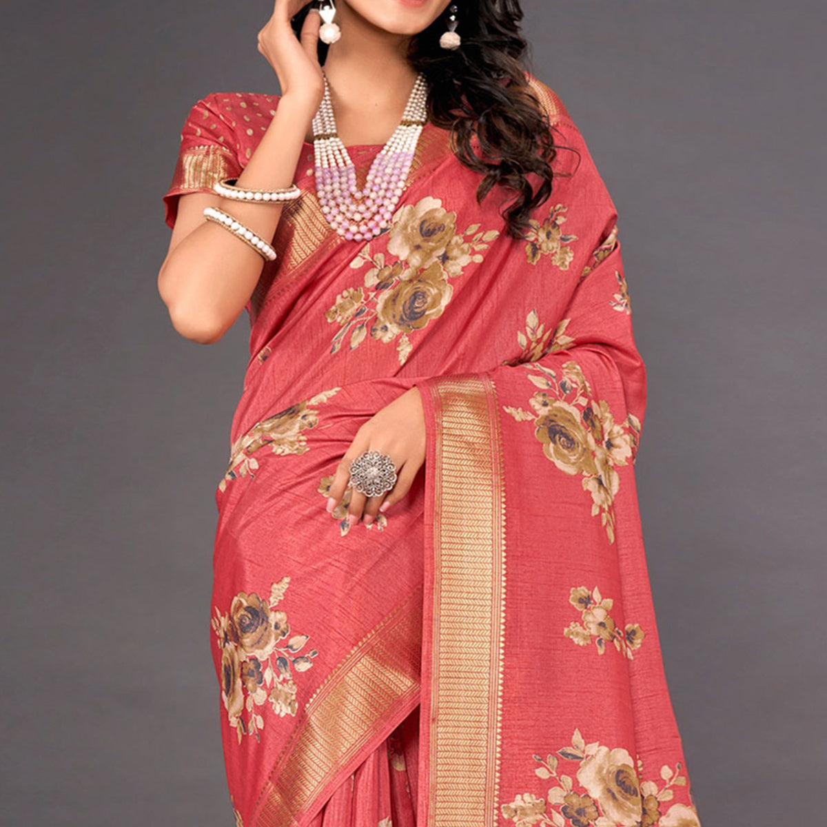 Pink Floral Printed Dola Silk Saree