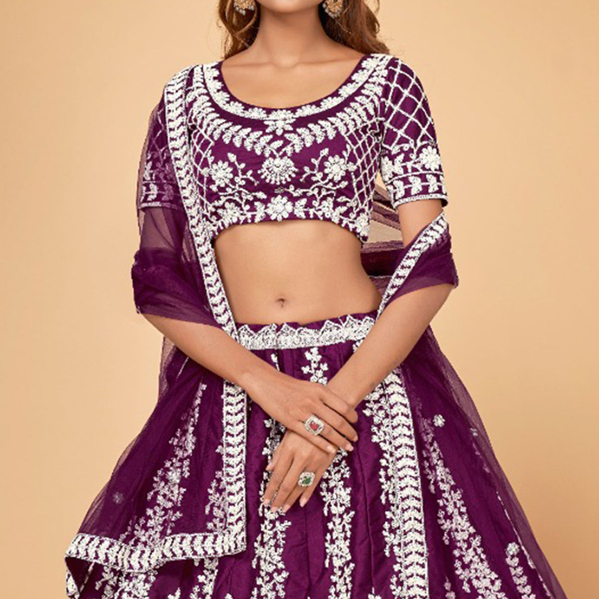 Purple Floral Embroidered Chiffon Lehenga Choli