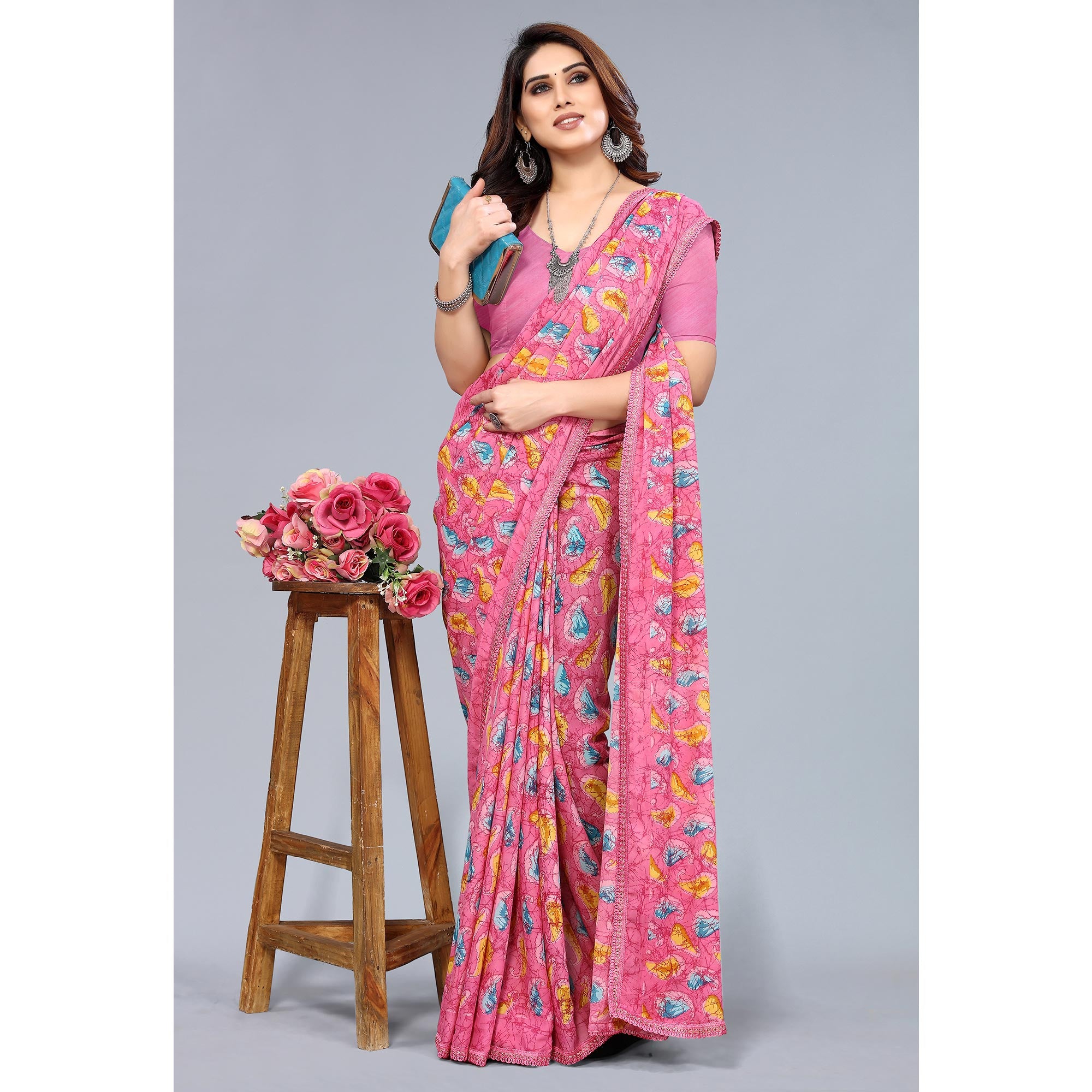 Pink Printed Georgette Saree With Crochet Border