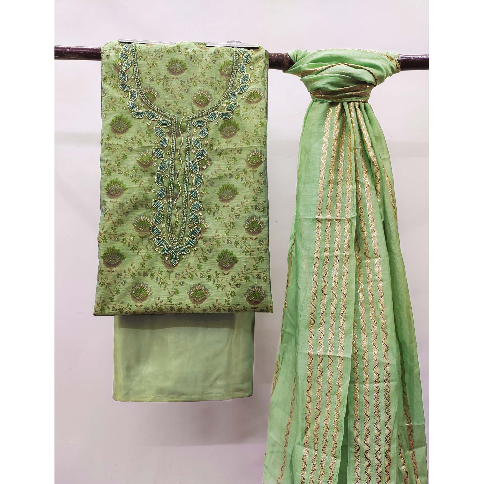 Green Printed With Handwork Modal Dress Material