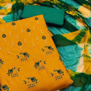 Mustard Floral Sequins Embroidered Cotton Blend Dress Material