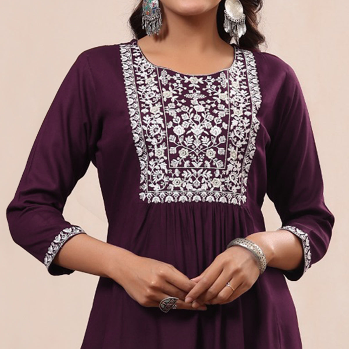 Wine Floral Embroidered Rayon Kurti
