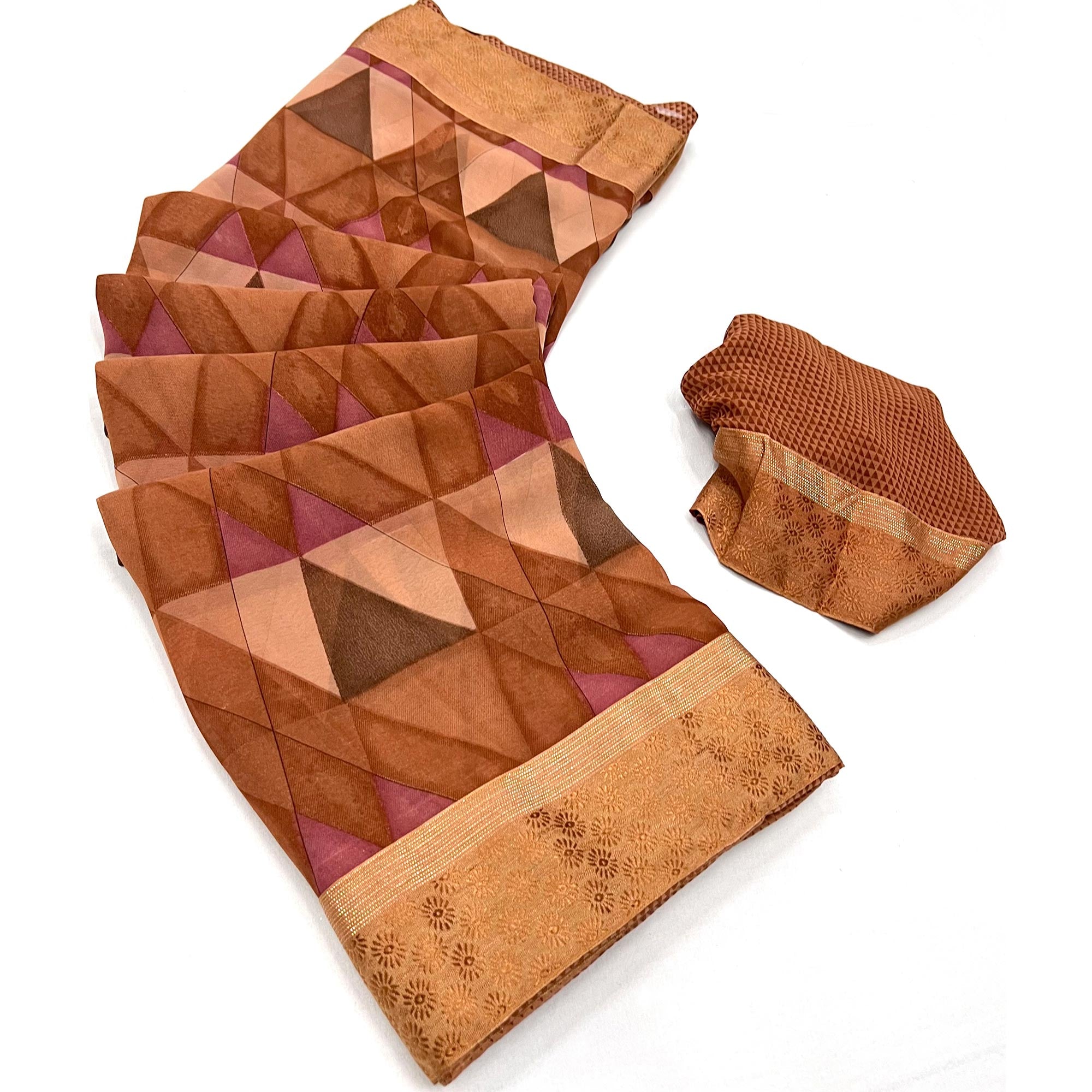 Peach Geometric Printed Georgette Saree