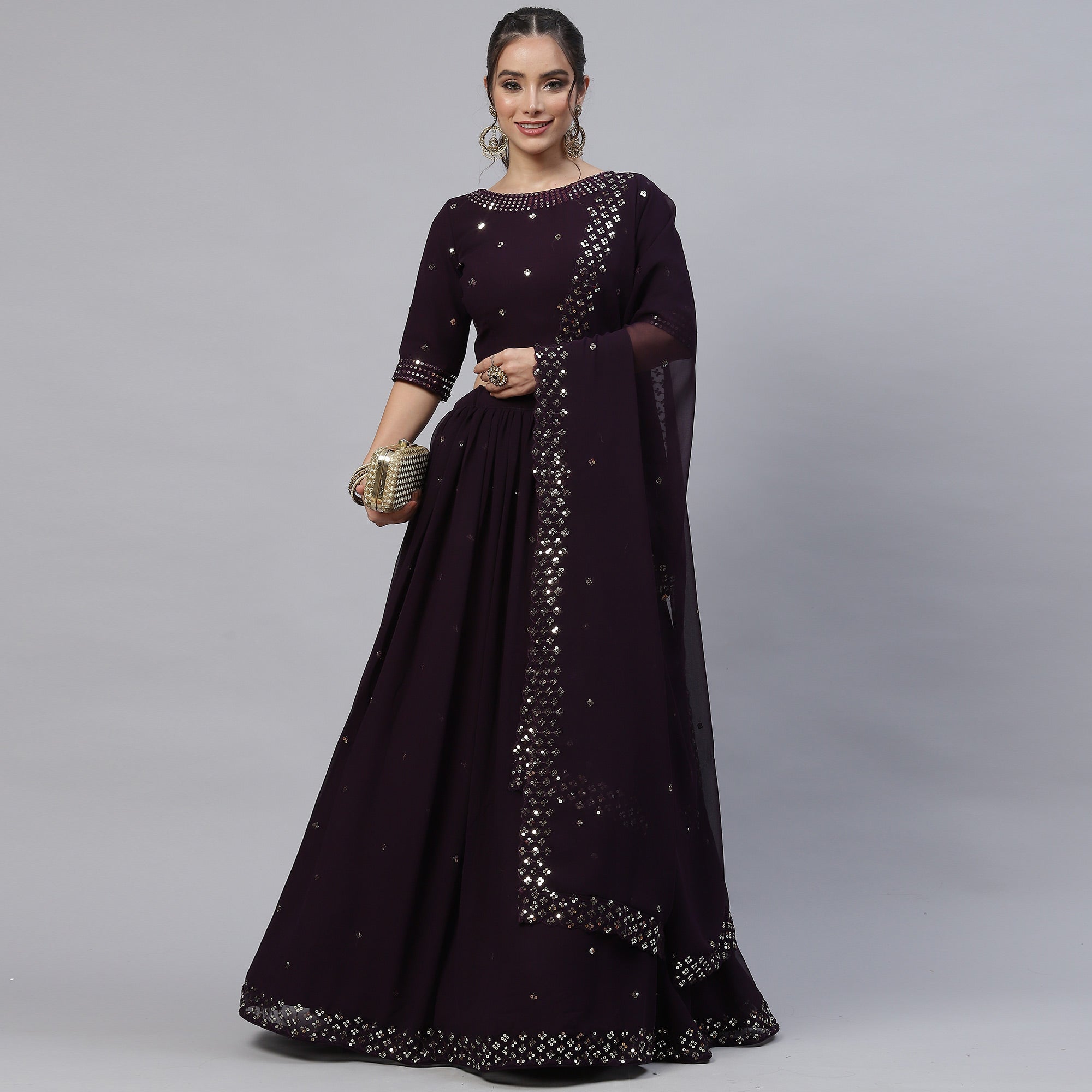 Dark Purple Sequins Embroidered Georgette Lehenga Choli