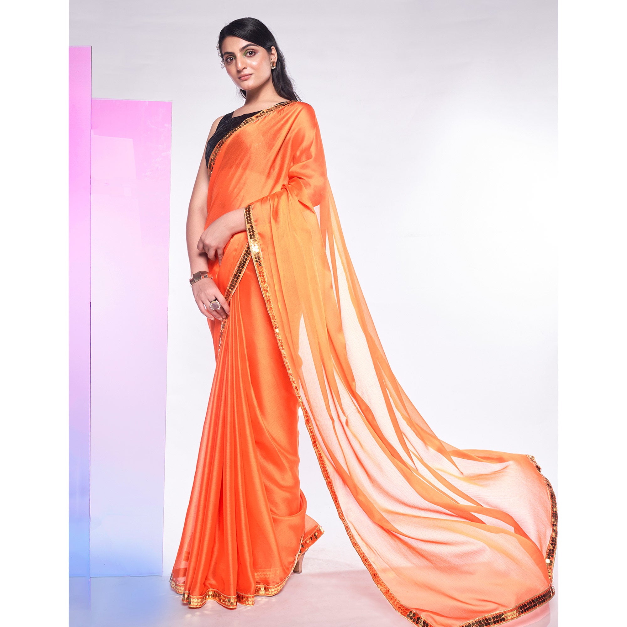 Orange Solid With Embroidered Border Georgette Saree