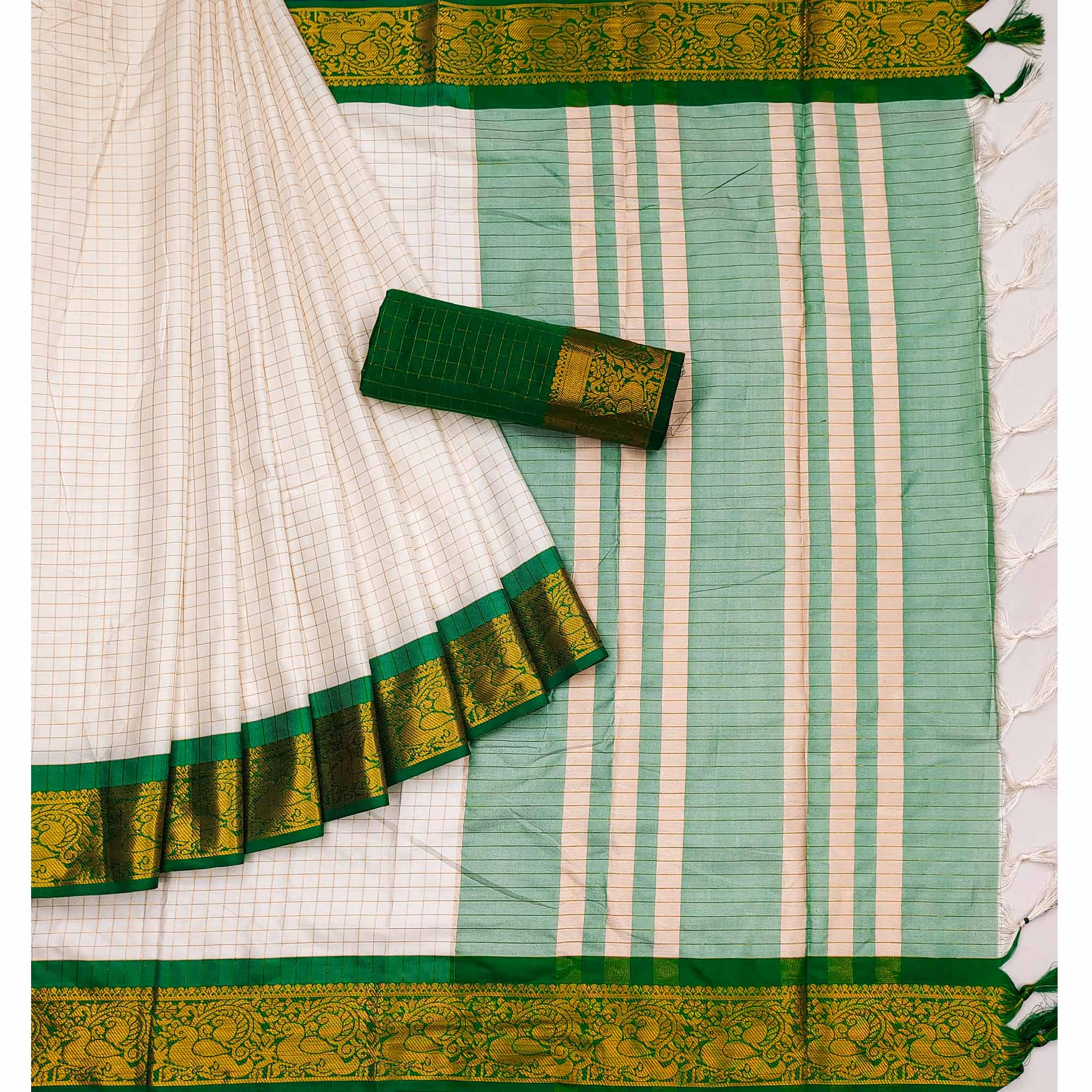 Cream And Green Woven Cotton Silk Saree With Tassels