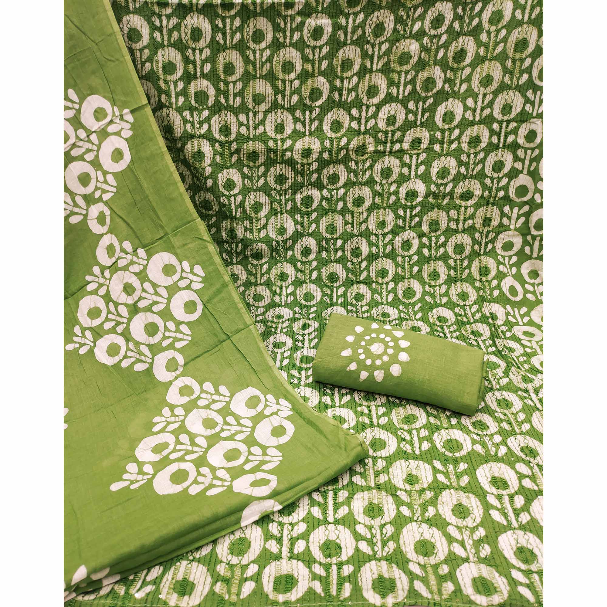 Green Printed & Embroidered Pure Cotton Dress Material
