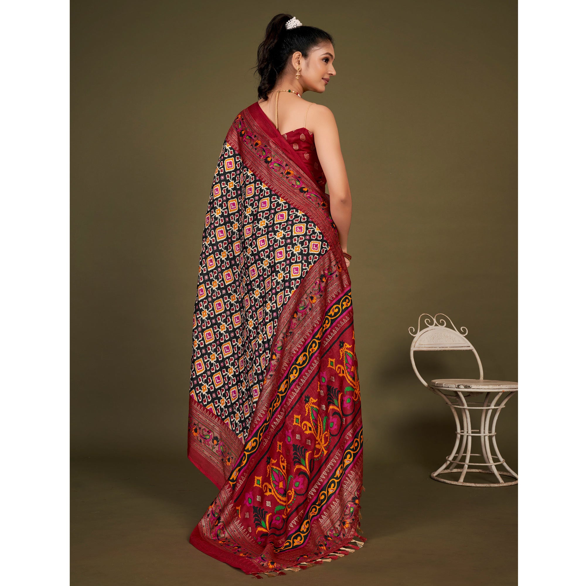 Black Printed Jute Patola Saree With Tassels