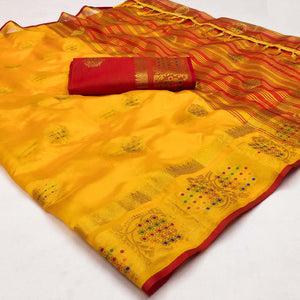Yellow Floral Woven Organza Saree With Tassels
