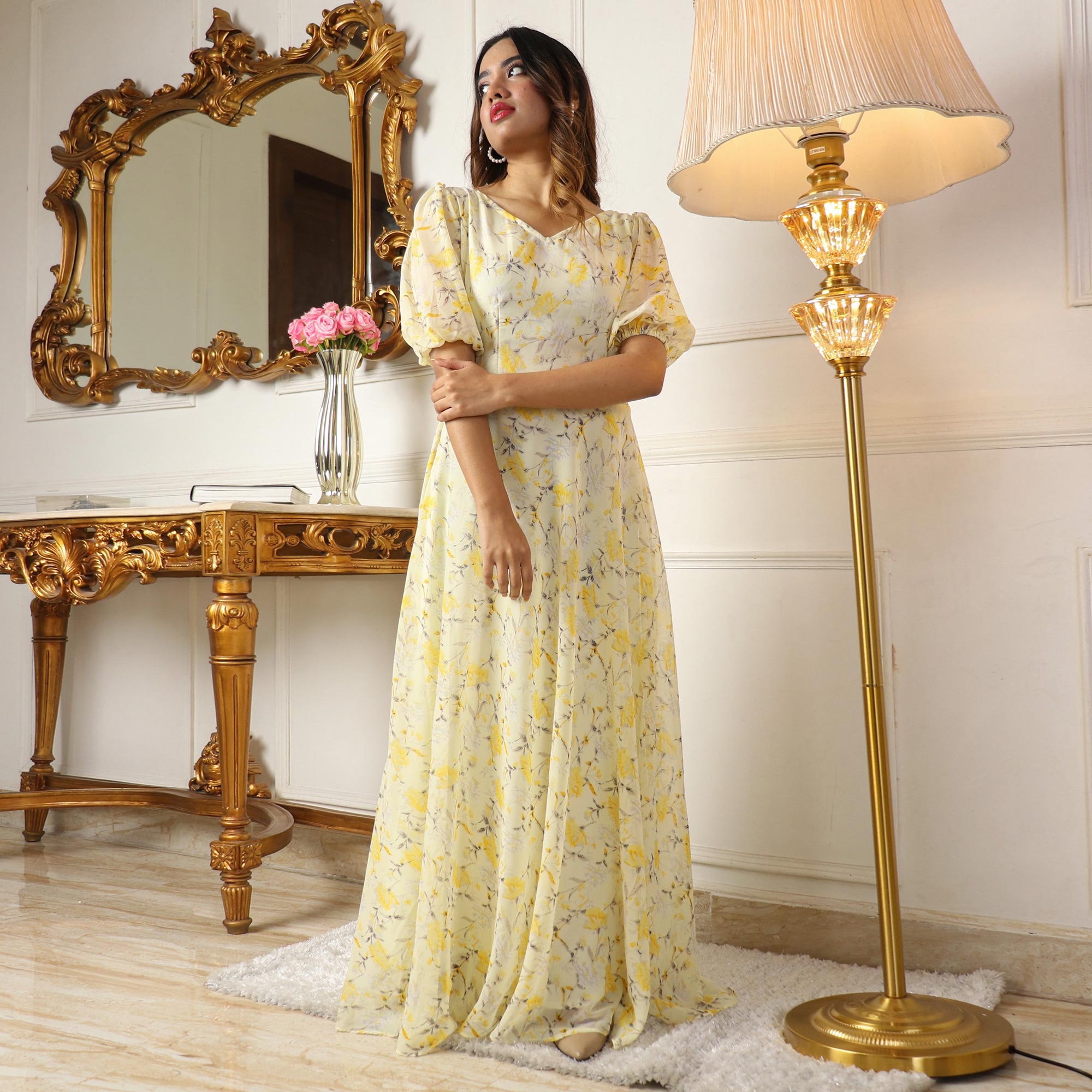 Light Lemon Yellow Floral Printed Georgette Gown
