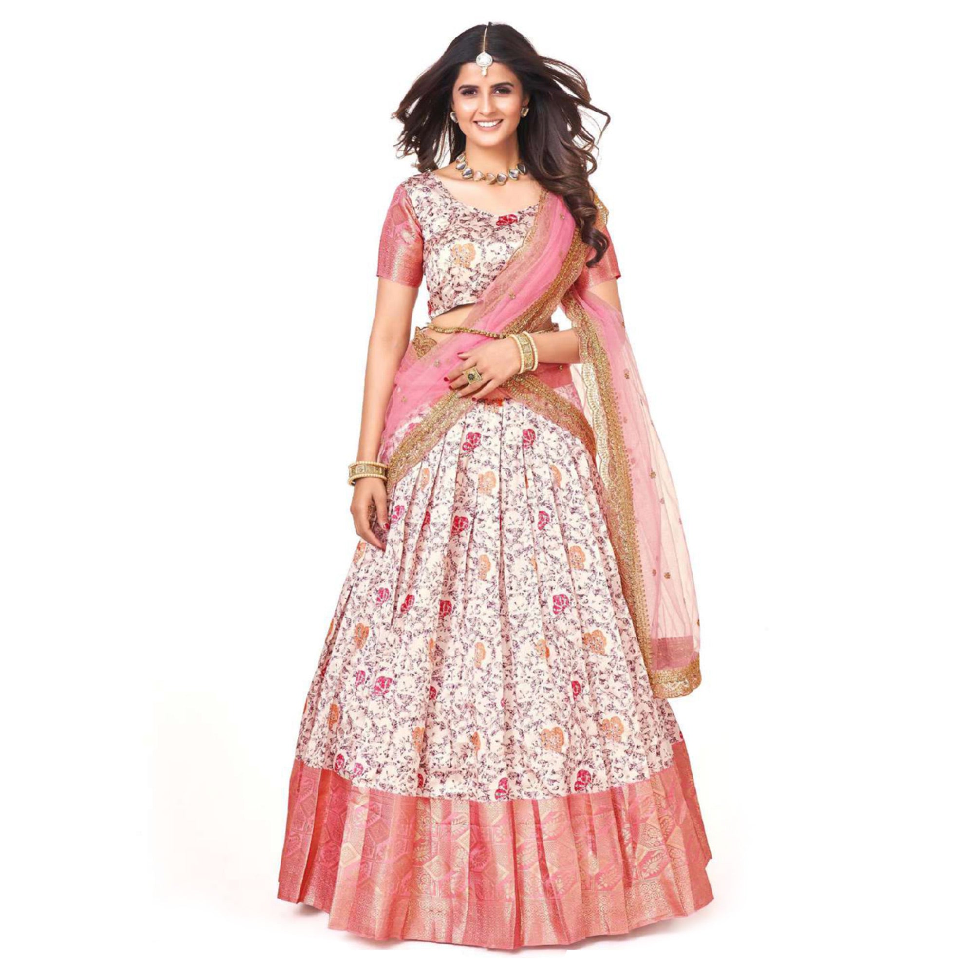 White And Baby Pink Digital Printed With Zari Work Art Silk Lehenga Choli