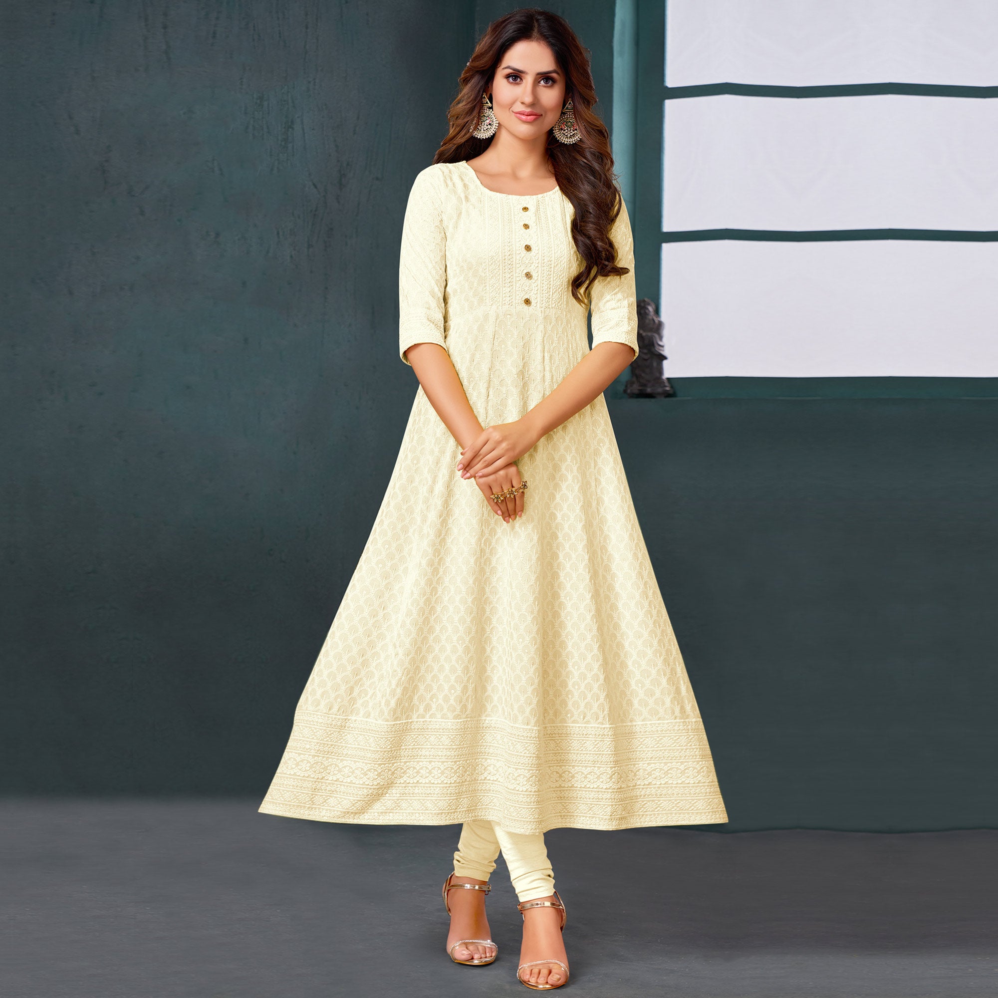 Cream Chikankari Work Aanarkali Style Rayon Kurti