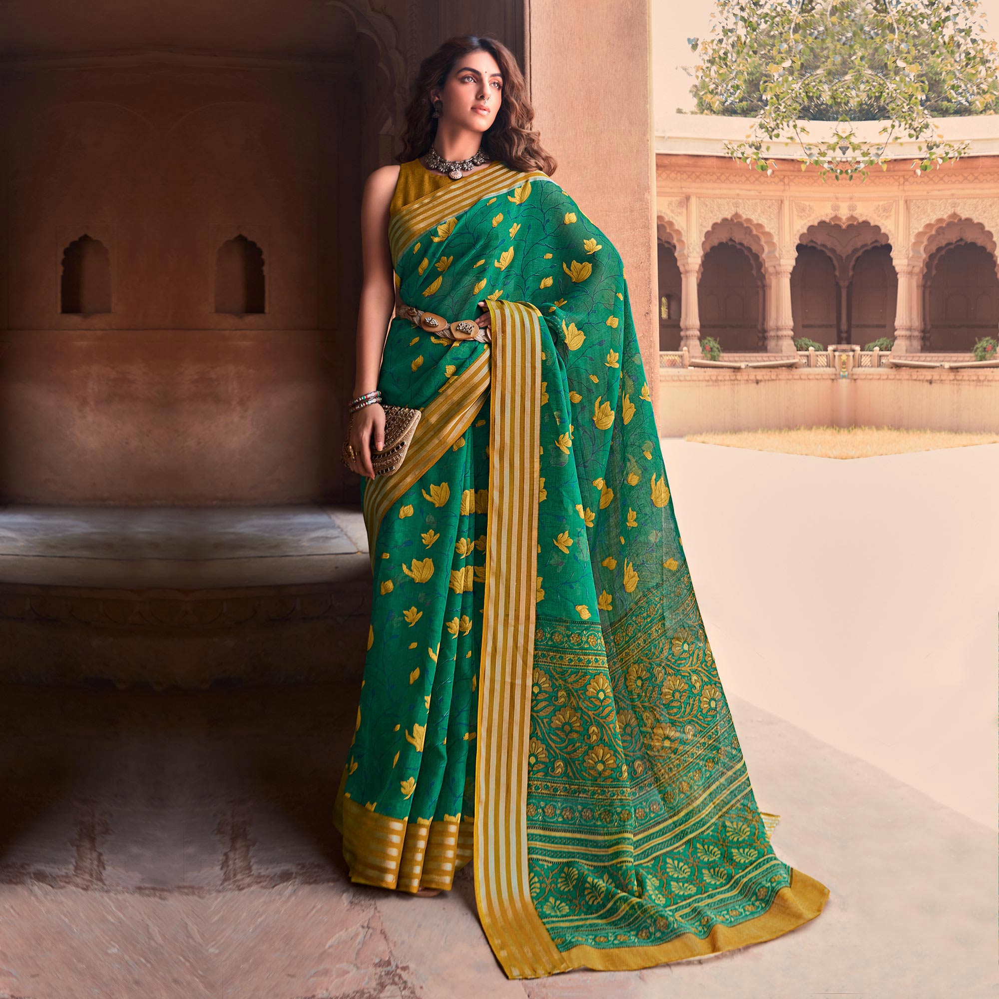 Green Floral Printed Linen Saree