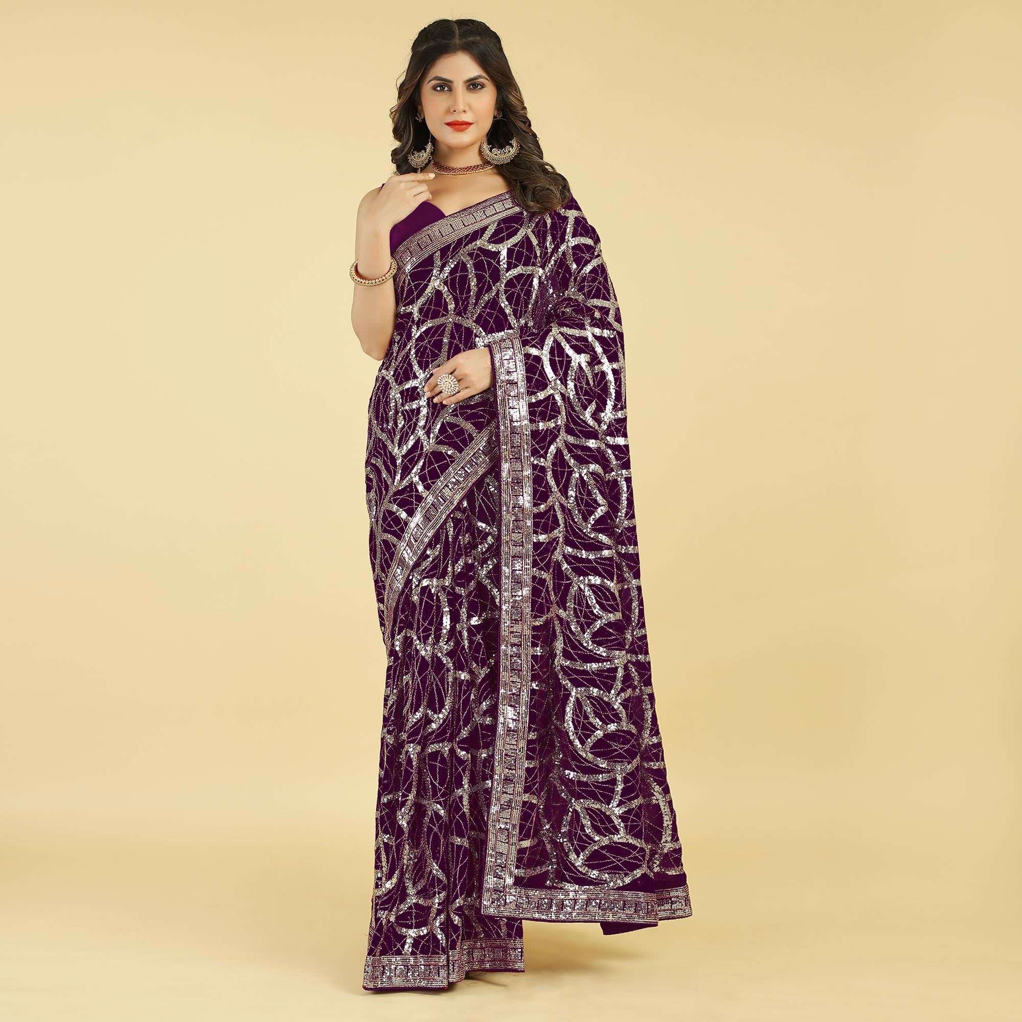 Wine Sequins Work Georgette Saree