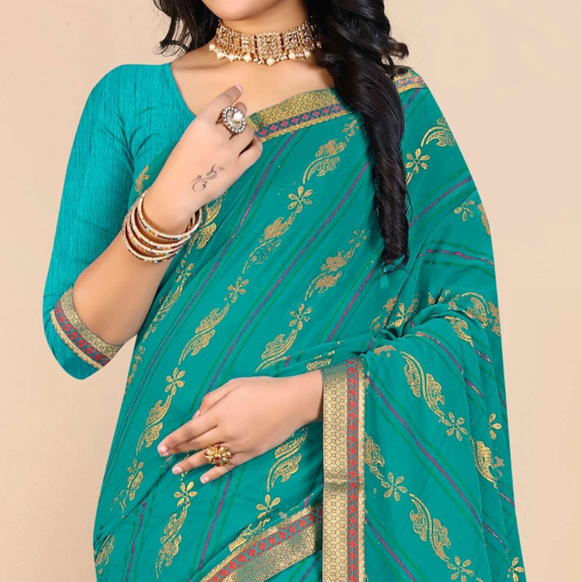 Rama Blue Foil Printed Georgette Saree