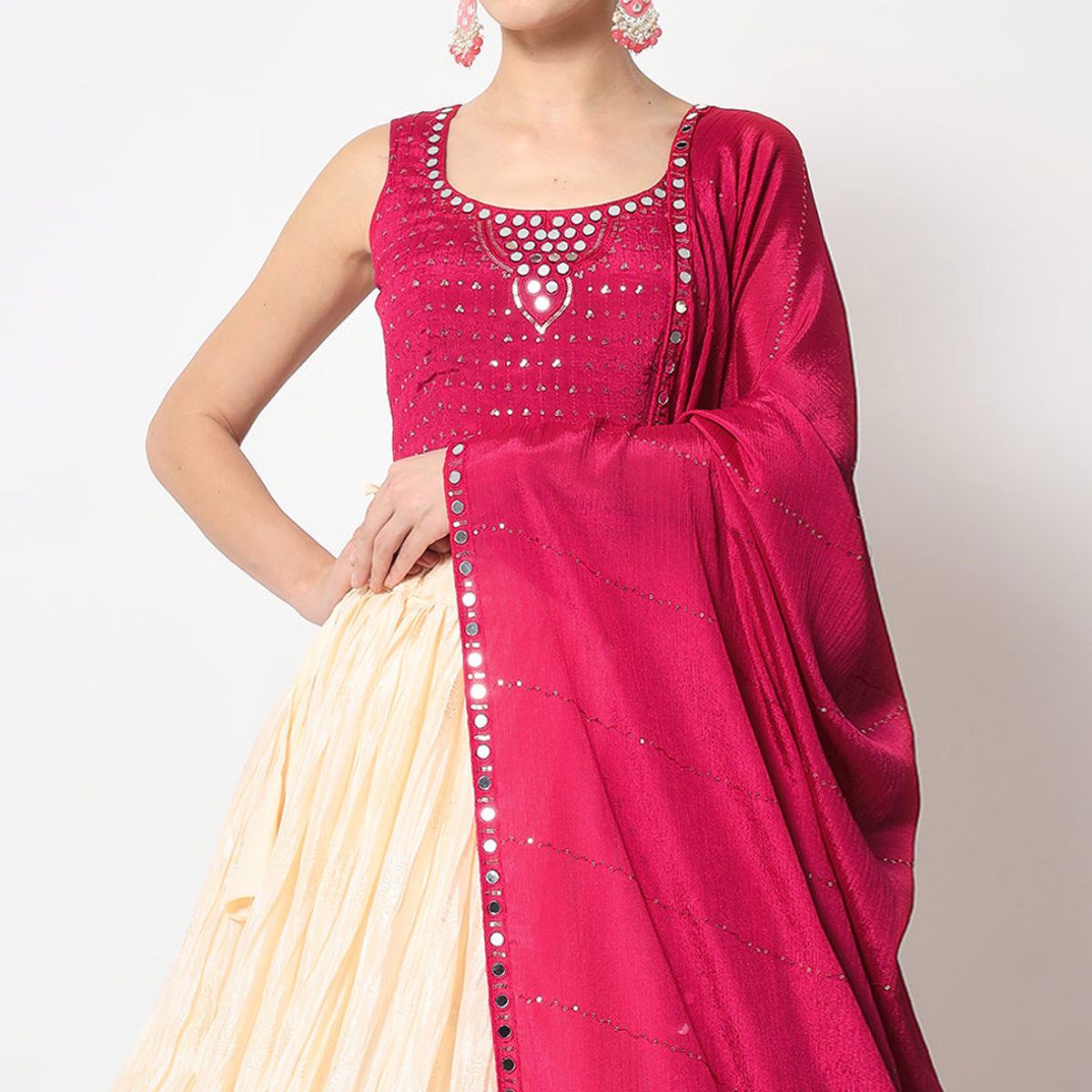 Cream Foil Printed Chiffon Lehenga Choli