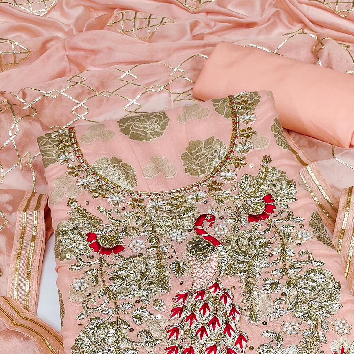 Peach Woven Banarasi Silk Dress Material