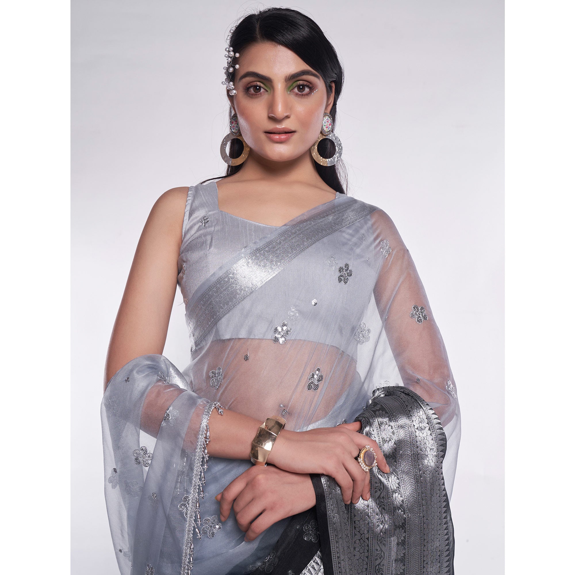 Black & Grey Sequins Embroidered Organza Saree