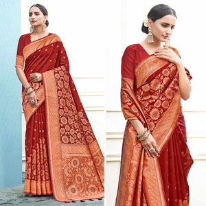Red Floral Woven Art Silk Saree