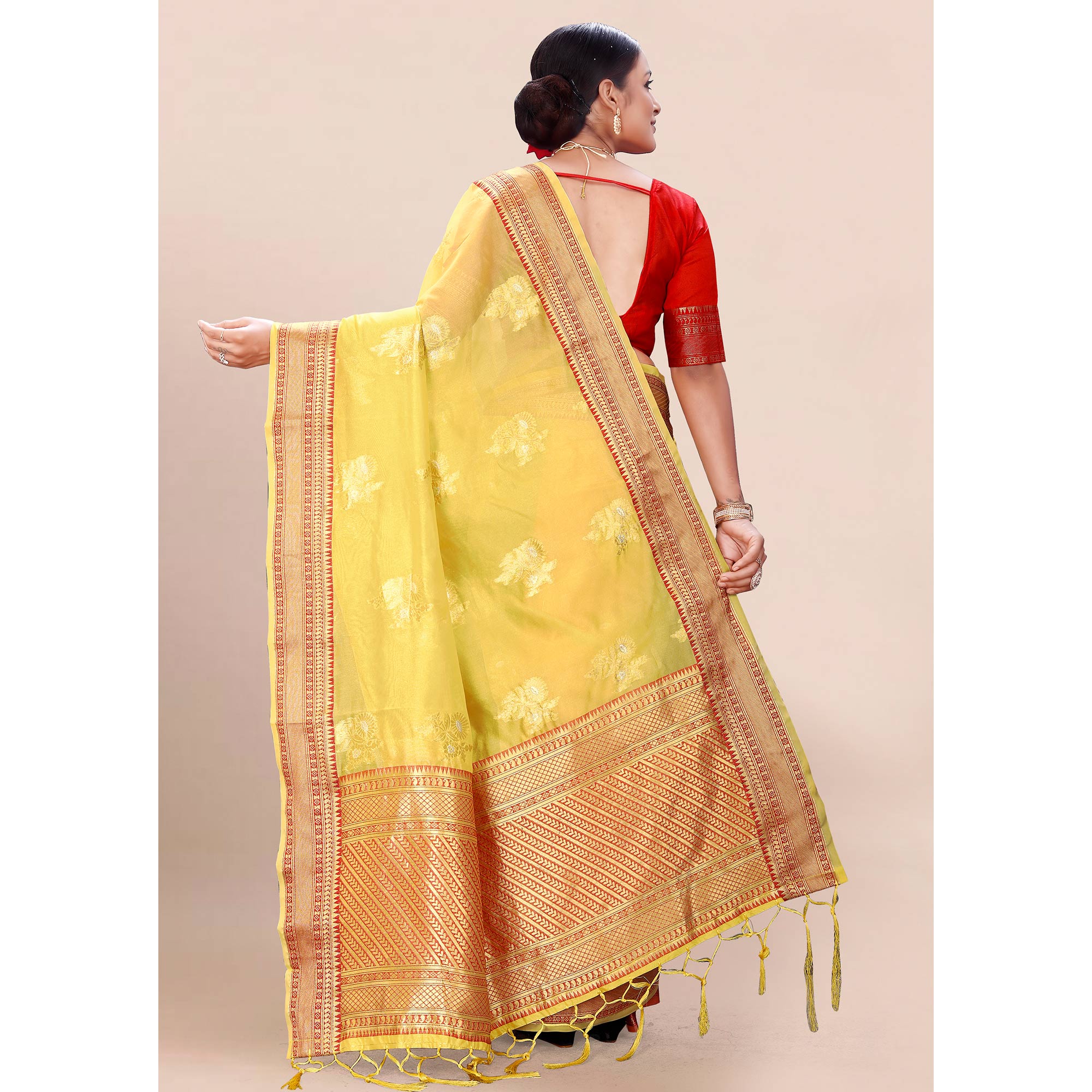 Yellow Woven Organza Saree With Tassels