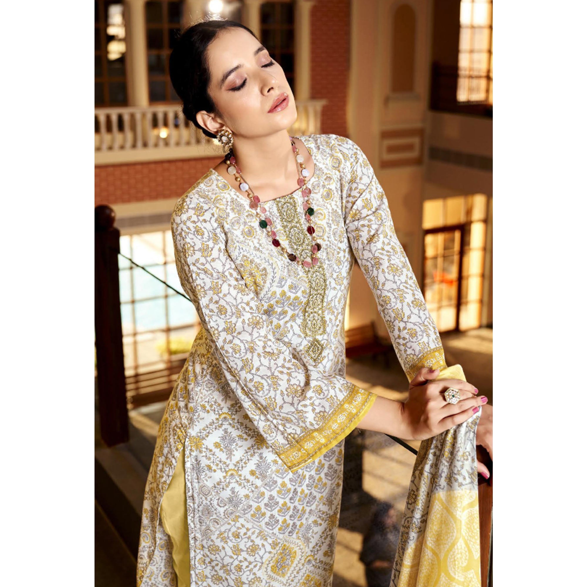 White & Yellow Floral Print With Embroidered Pure Cotton Salwar Suit