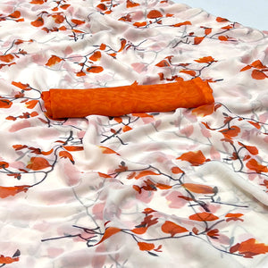 White Orange Floral Printed Georgette Saree