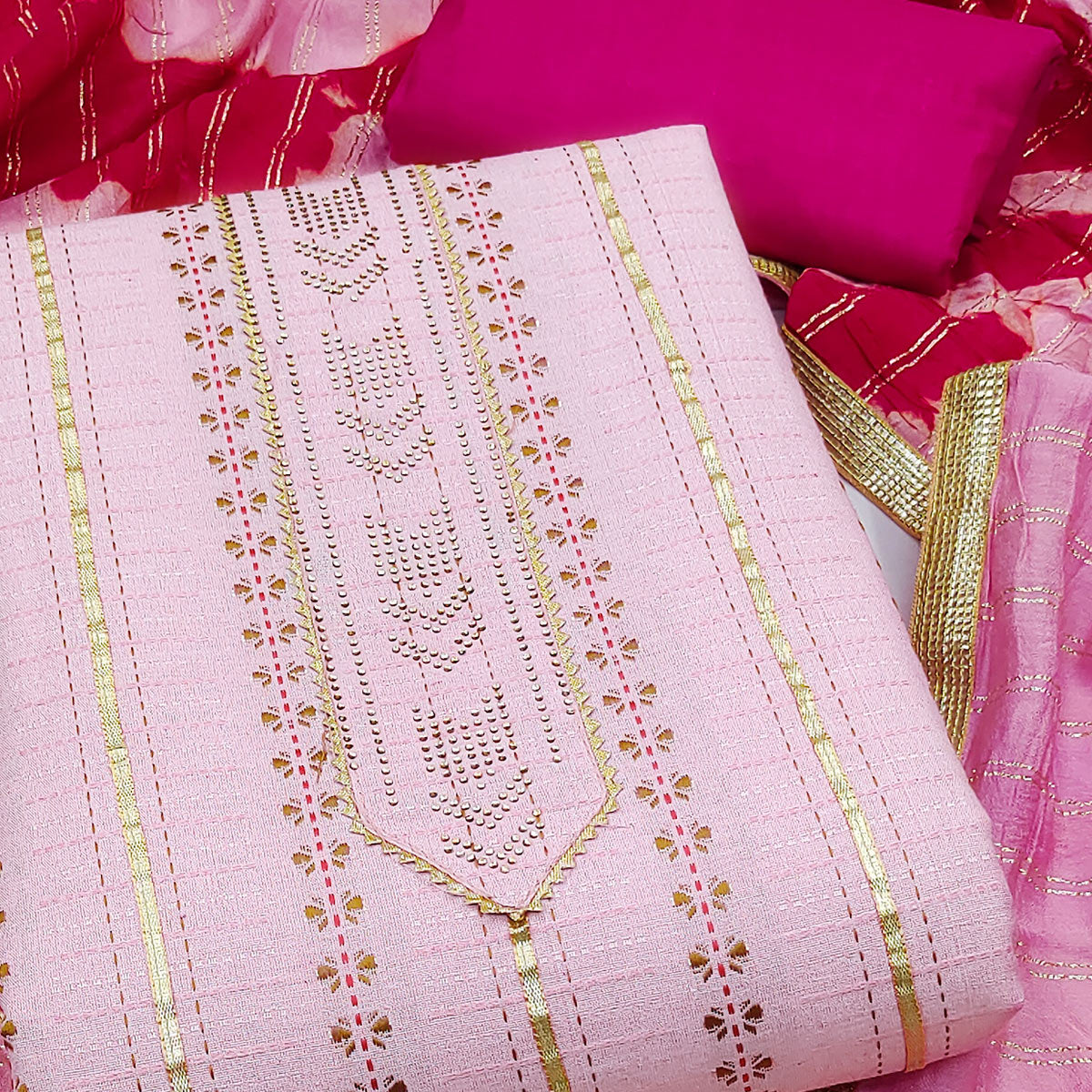 Pink Printed Cotton Blend Dress Material