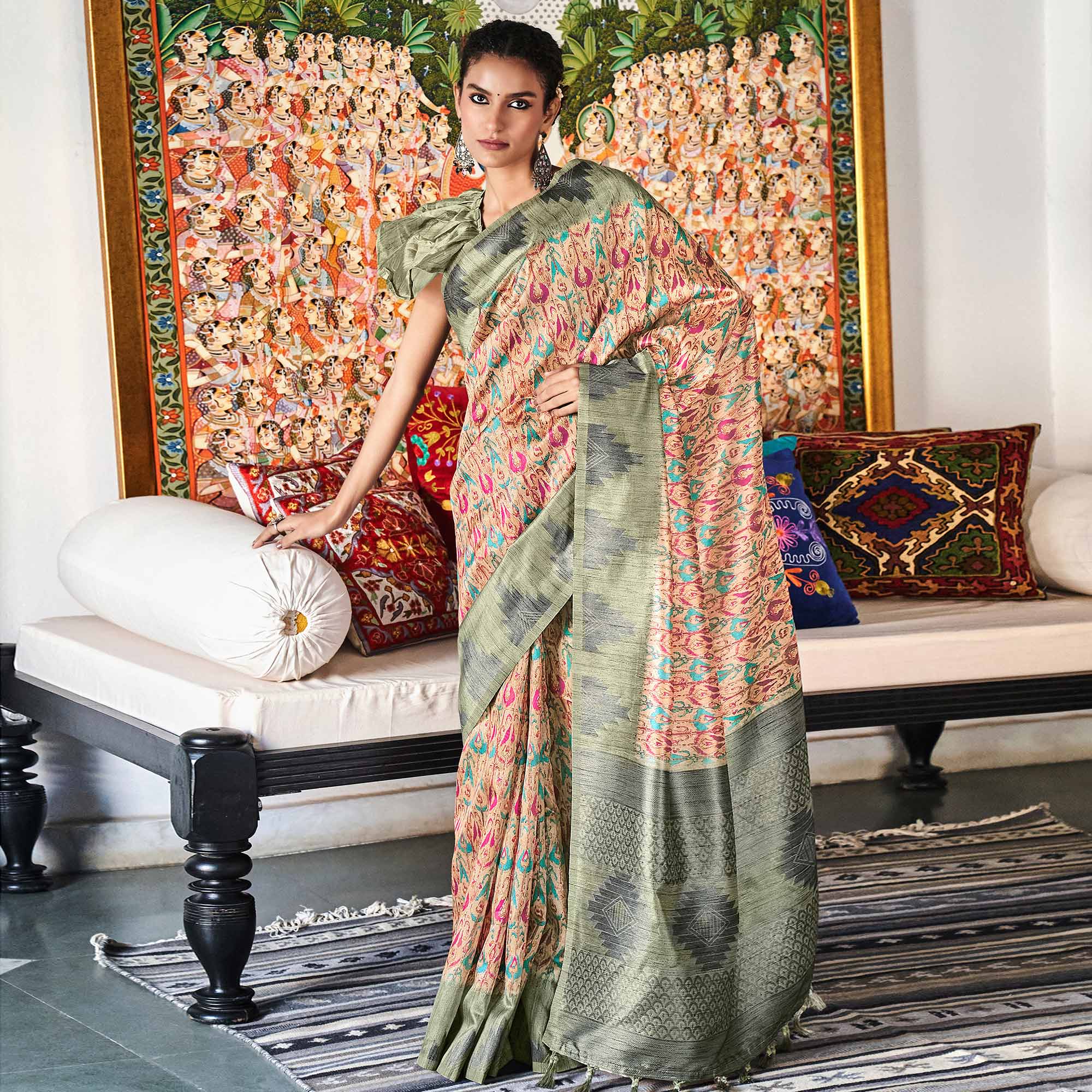 Beige Digital Printed Raw Silk Saree With Tassels