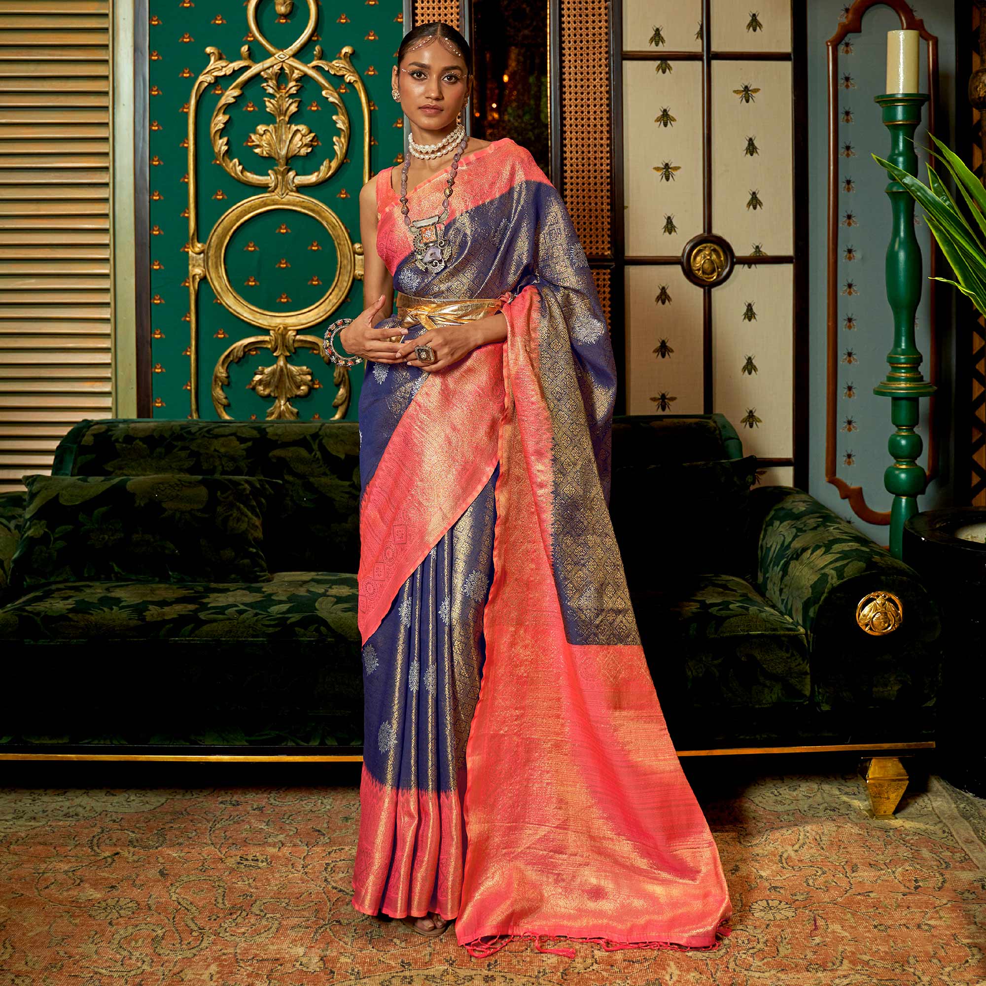 Blue Woven Art Silk Saree With Tassels