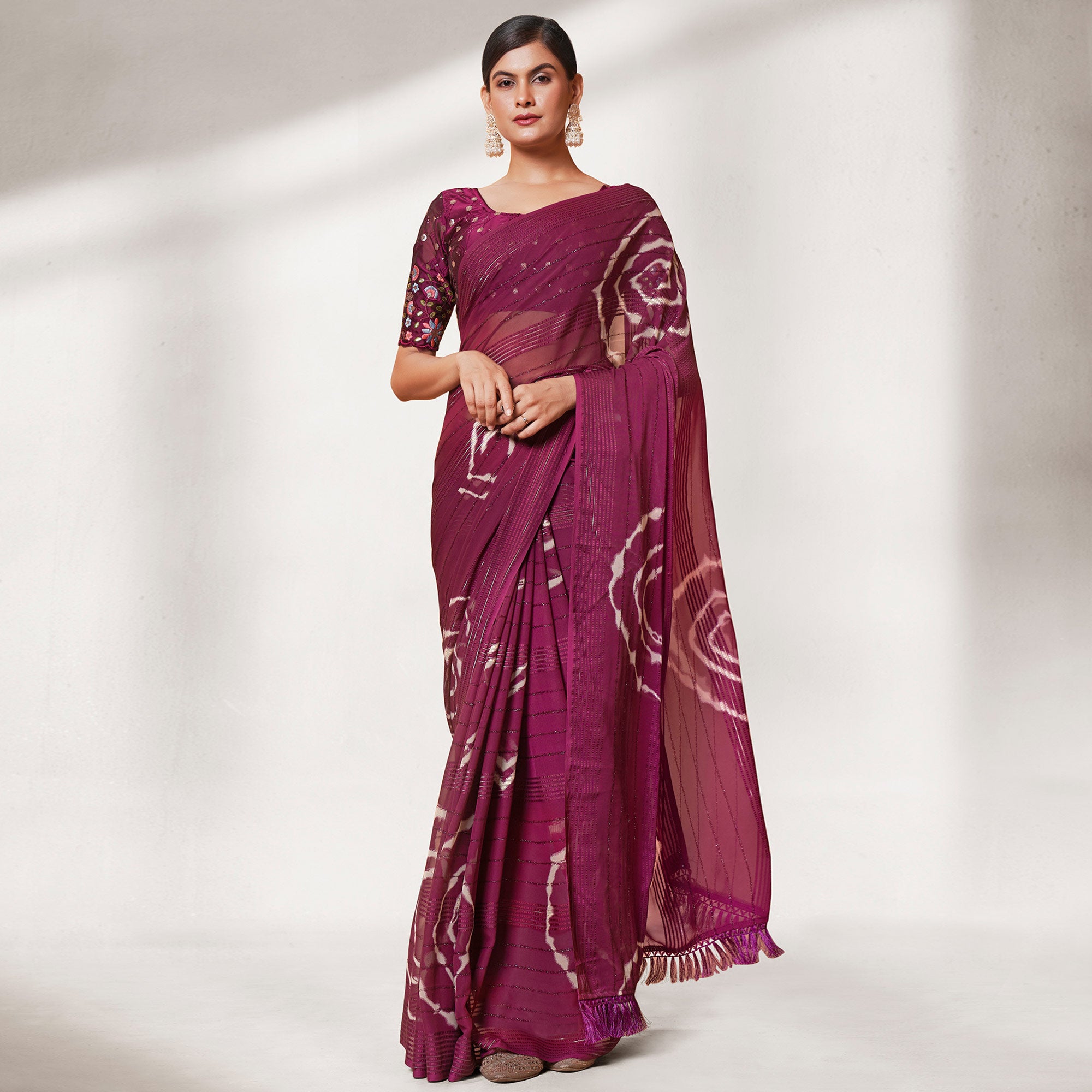 Wine Printed Wiht Embroidered Georgette Saree