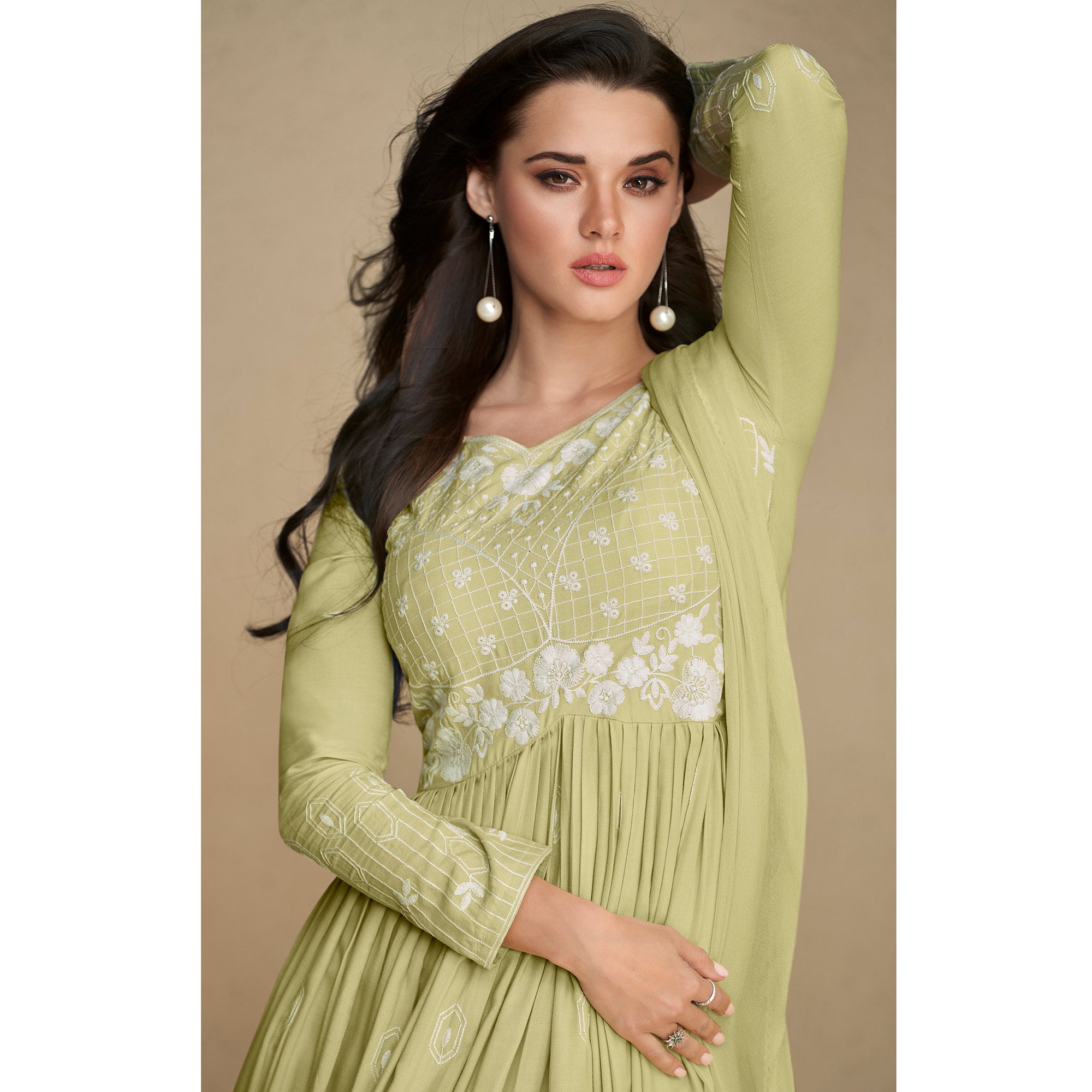 Green Lucknowi Embroidered Rayon Anarkali Palazzo Suit