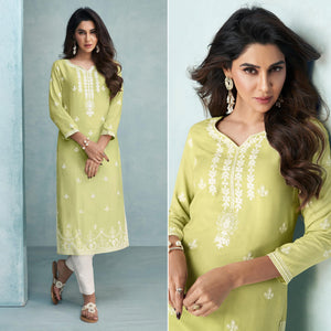 Green Lucknowi Embroidered Rayon Kurti