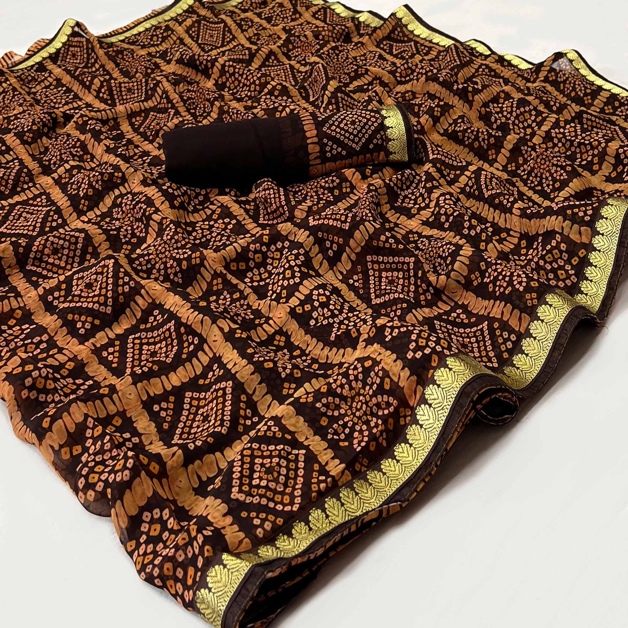Dark Brown Bandhani Printed Georgette Saree With Designer Border