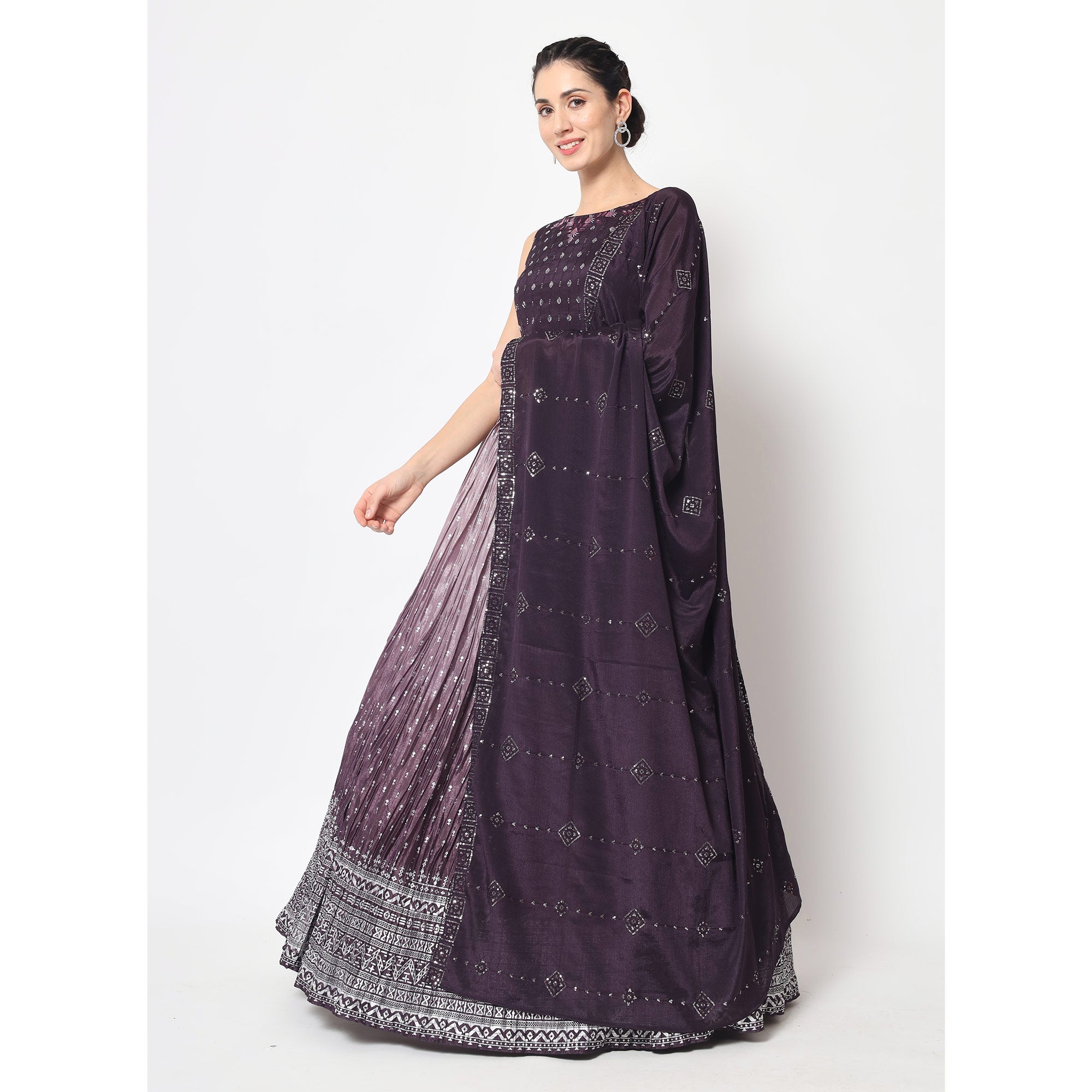 Violet Foil Printed Chiffon Lehenga Choli