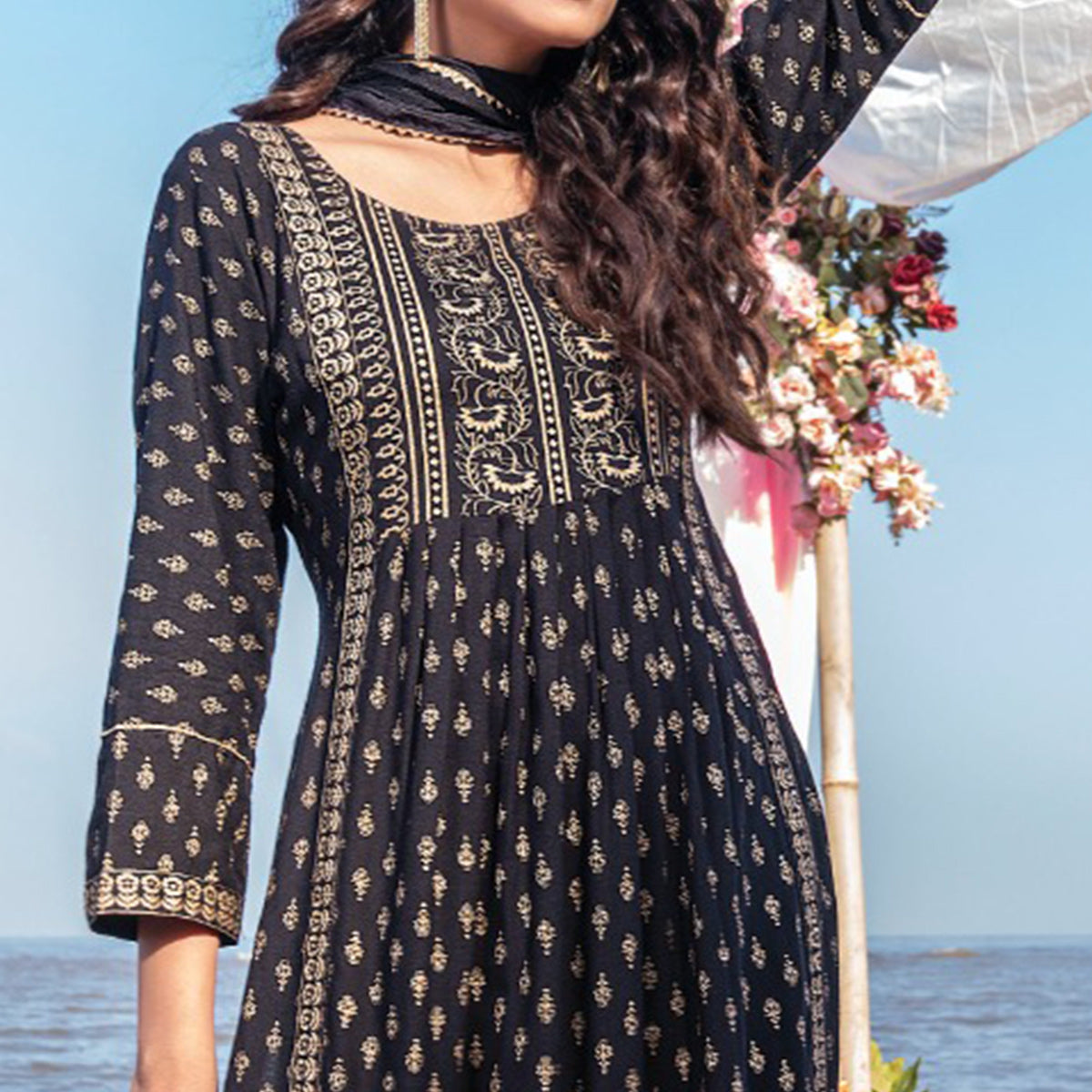 Black Foil Printed Rayon Naira Cut Suit