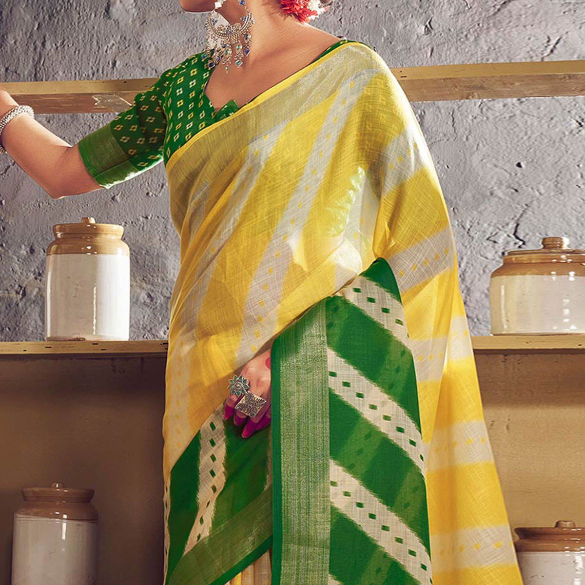 Yellow & Green Printed With Zari Border Linen Saree